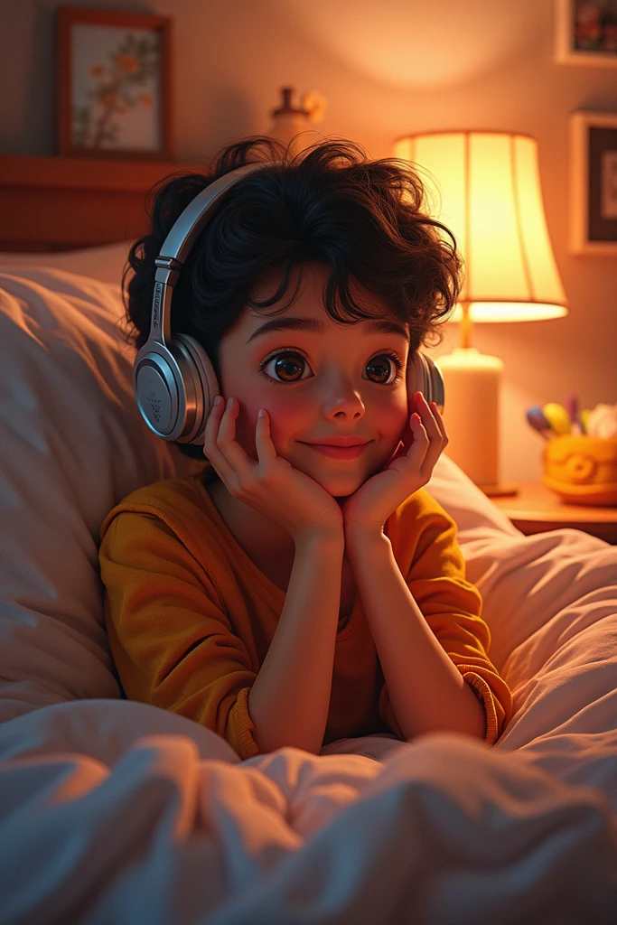 1 boy in leasing music with headphones in bad and beautiful room