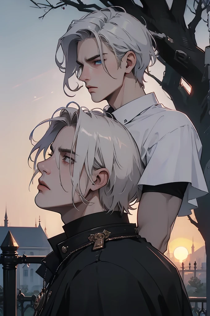 2boys,13 only、(Man's :2) ,twins,Handsome boy,Long silver hair、a blond、Collar,tattooed、Upper body naked、starrysky 、lake、Back lighting、hightquality、masutepiece,8K,