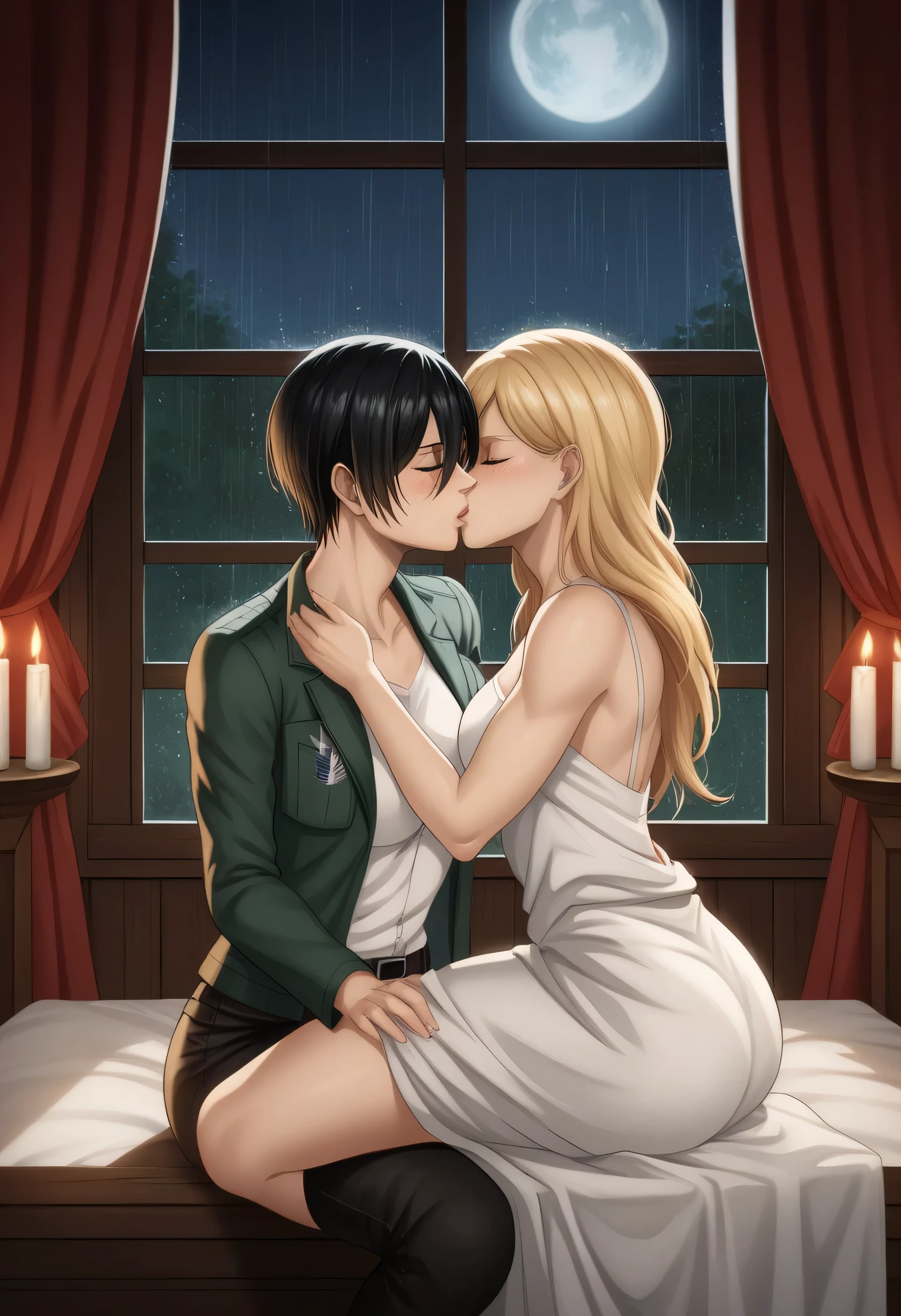 score_9, score_8_up, score_7_up, BREAK source_anime, historia reiss, blue eyes, blonde hair, long hair, medium breasts, long white dress sleeveless,female black hair soldier hugs historia,Mikasa with historia hugs,mikasa wreanig open green jacket and black combat pants,Mikasa female with short hair,mikasa female medium breasts,eyes closed,in night,moon in sky,mikasa final season,mikasa,Mikasa hugs historia،mikasa femboy,mikasa final season,historia blonde hair,hugs and kissing,mikasa carrying historia and kissing her,Mikasa lifts Historia up and kisses her.in middle night,raining outside,mikasa final season,girls kissing,girl×girl,lesbians,yuri,romantic wallpapers,historia sitting on mikasa and kissing her,Mikasa in both hands touch historia ass, raining outside the room,mikasa final season design,character's from season 4,historia enjoyed while kissing mikasa, both,one of Historia hands touch mikasa abs,romantic kissing,mikasa pixie cut hairstyle,Serious love,inside room,dark room,candle light in room,HD WALLPAPER,perfect colors,Shining on character's hair,Shining body's