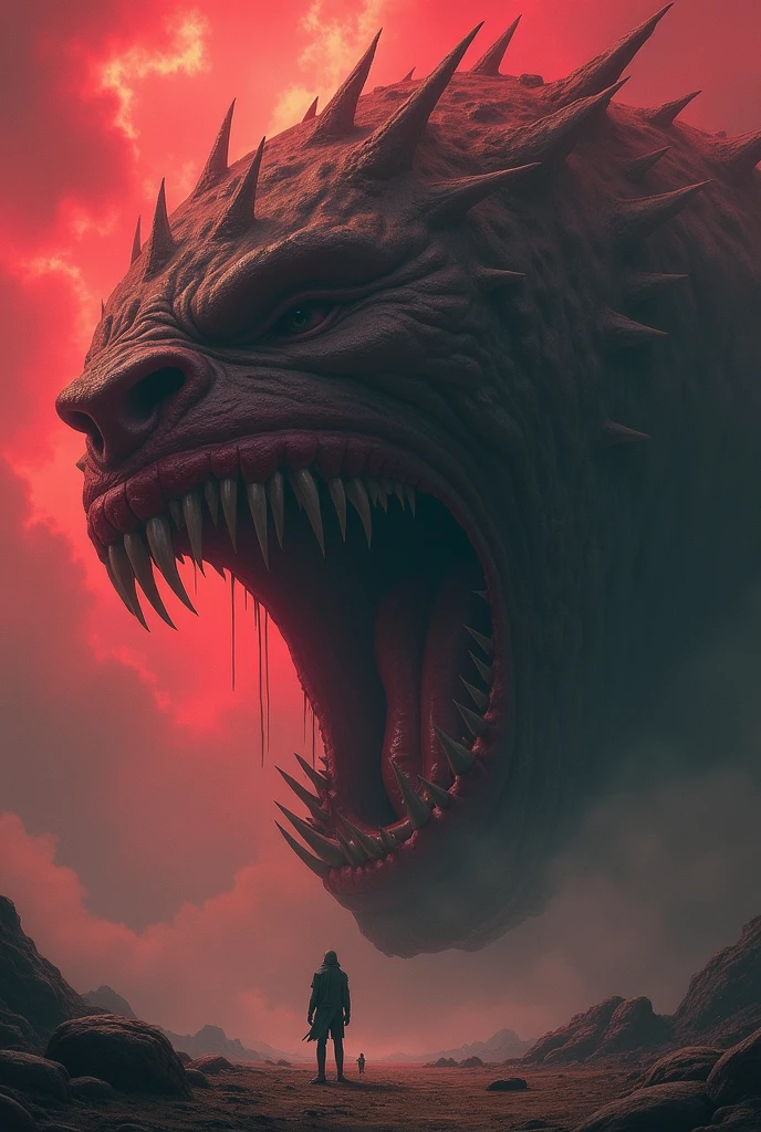 An oriental dragon。red。
The background is floating in the black sky。There is a thick fog。night。
Sharp eyes、It is shining now。At the peak of the volcano。
