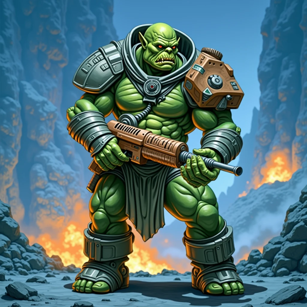 высокий Orc спецназа в тяжелых доспехах,  with a plasma gun on a space liner from the movie “The Fifth Element”, intricate masterpiece , portrait of an Orc, an Orc,  artistic portrait of a space paratrooper ,  stand character , Orc, monitoring, Orc готовит винтовку, space armor , alien space knight,