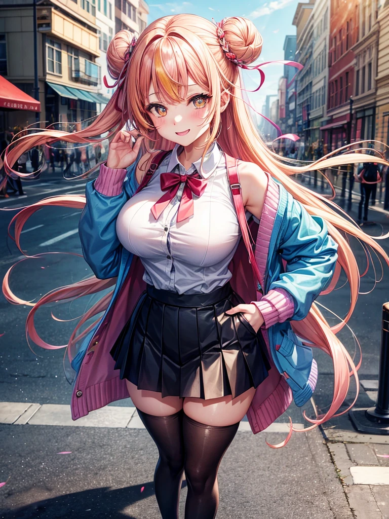 Realistic and detailed image of an elf. with scarf, a plaid pleated top and miniskirt. stockings to mid-thigh. Unusually shiny long silky light pink hair styled in pigtails. bright turquoise eyes. She has earrings and long eyelashes. Large breasts, slim waist, very wide hips and thick thighs. Back arched. walking sensually. Autumn. falling leaves. rainy day. park. Volumetric light. Ambient light.