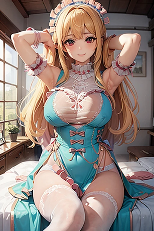 Tabletop, Highest quality, Highly detailed CG Unity 8k wallpaper, Beauty Priestess Costume, Long dark blonde wavy hair、Gorgeous tiny bikini tops、Gorgeous thong panties、Gorgeous hair ornament、Medium Milk, Puffy nipples、Cute Smile、Sexy Hips、High heels、Gorgeous magic wand and book、Castle church bed、Sexy pose、Accentuate your breasts、Lying in bed、Pantydrop