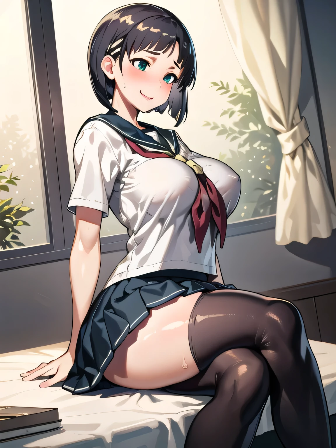  best quality, masterpiece, RAW Photos,  At school,  1 girl, BOB CUT HAIR、 Big Breasts ,   Kirigaya Naoha:1.4、Green Eyes,  mature woman ,  sailor suit,   nasty smile, lips,  sitting, Thighs,Sex worker wearing colored tights 、 blush、Sweaty、 flips up her skirt to attract the opposite sex