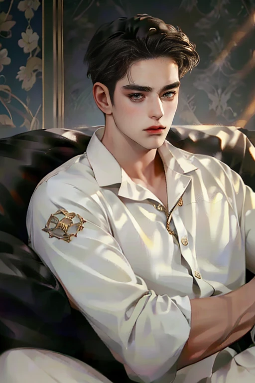 a handsome man with tattoos sitting on a couch, beautiful detailed eyes, beautiful detailed lips, extremely detailed face, short black hair, leather shoes, serious expression, Sanpaku, (best quality,4k,8k,highres,masterpiece:1.2),ultra-detailed,(realistic,photorealistic,photo-realistic:1.37),dramatic lighting,dramatic shadows,gold chain,floral shirt