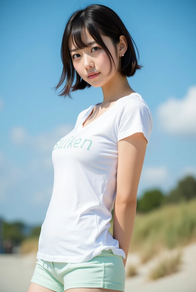 19 year old, Japanese female, REIKA, beautiful short  hair cecile cut hair, beautiful nape hair up, best proportion, professional photo, ultra detailed, 15mm film, portrait, highest quality, arms behind back, not bikini, white short T-shirts "suiken" white-green tight short pants lowrise,  close up thick thigh smooth thigh radiant thigh focus from thigh under angle, outdoor blue sky,