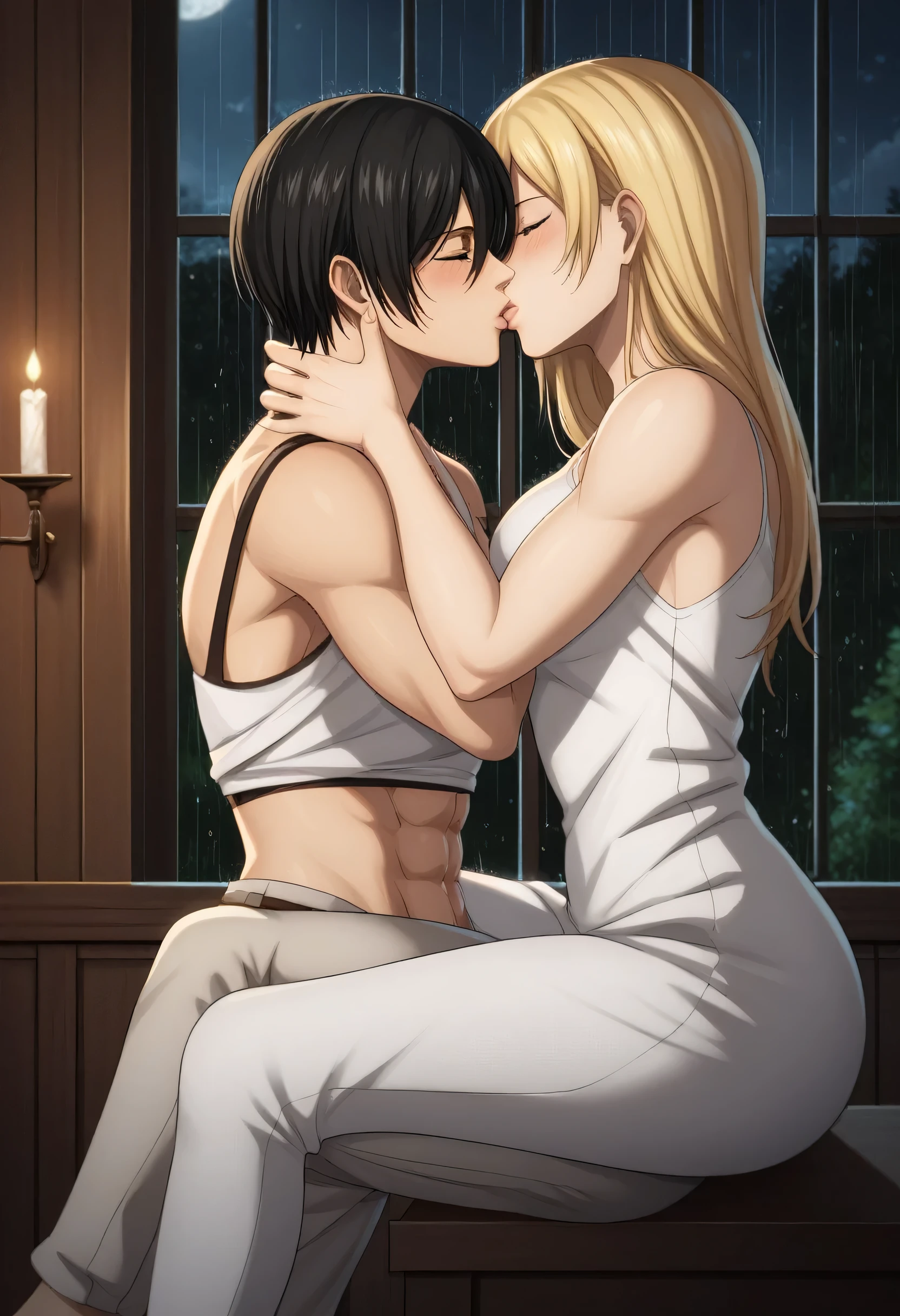 score_9, score_8_up, score_7_up, BREAK source_anime, historia reiss, blue eyes, blonde hair, long hair, medium breasts, long white dress sleeveless,female black hair soldier hugs historia,Mikasa with historia hugs,mikasa wreanig sport tank top and black combat pants,Mikasa female with short hair,mikasa female medium breasts,eyes closed,in night,moon in sky,mikasa final season,mikasa,Mikasa hugs historia،mikasa femboy,mikasa final season,historia blonde hair,hugs and kissing,mikasa carrying historia and kissing her,Mikasa lifts Historia up and kisses her.in middle night,raining outside,mikasa final season,girls kissing,girl×girl,lesbians,yuri,romantic wallpapers,historia sitting on mikasa and kissing her,Mikasa in both hands touch historia ass, raining outside the room,mikasa final season design,character's from season 4,historia enjoyed while kissing mikasa, both,one of Historia hands touch mikasa abs,romantic kissing,mikasa pixie cut hairstyle,Serious love,inside room,dark room,candle light in room,HD WALLPAPER,perfect colors,Shining on character's hair,Shining body's 