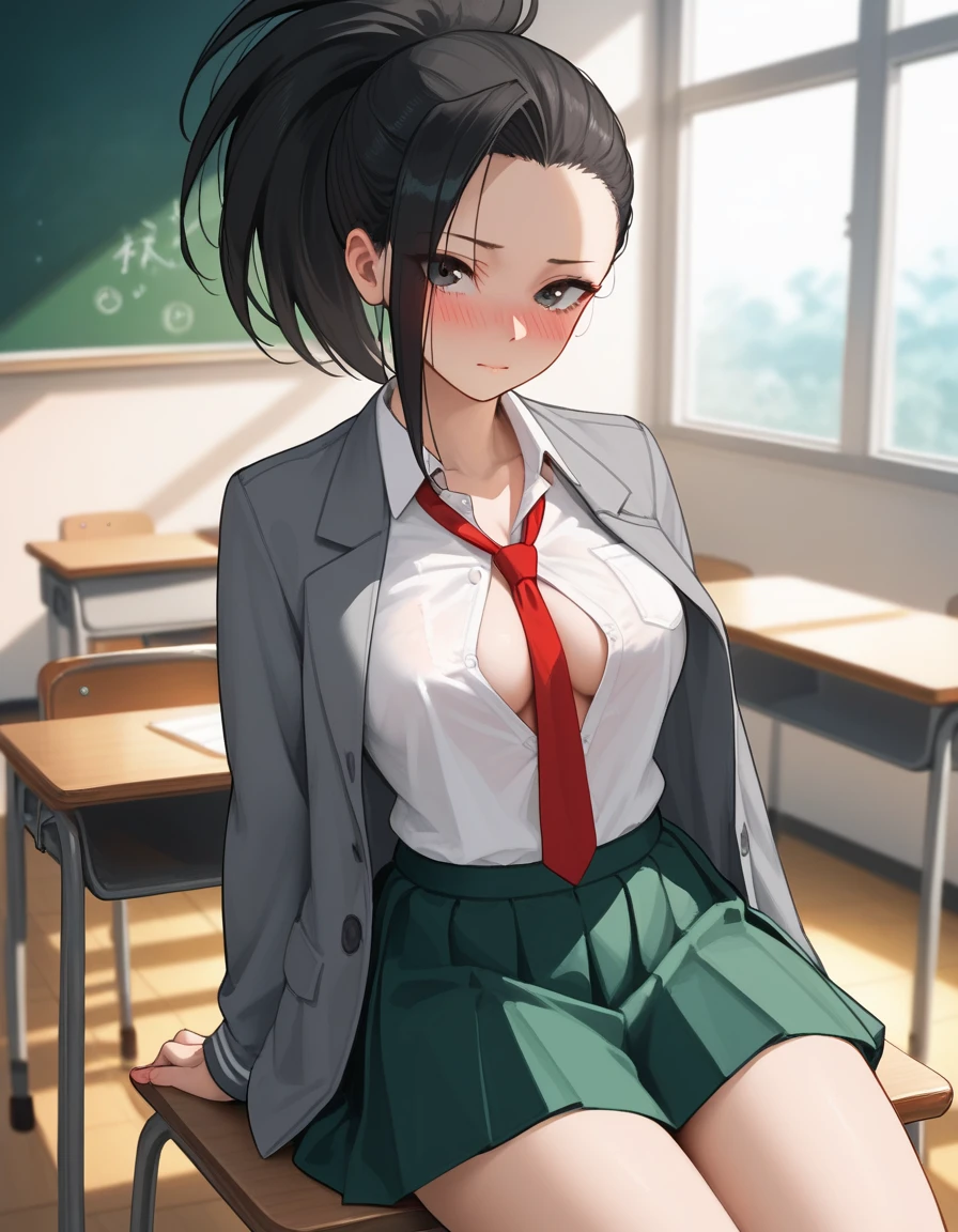 score_6_up, best quality, 1girl, solo, momo, long hair, bangs, black hair, ponytail, high ponytail, wide ponytail, blush, looking at viewer, student, grey school uniform, red tie, green skirt, at a classroom, grey coat, unbuttoned blouse, blushing 