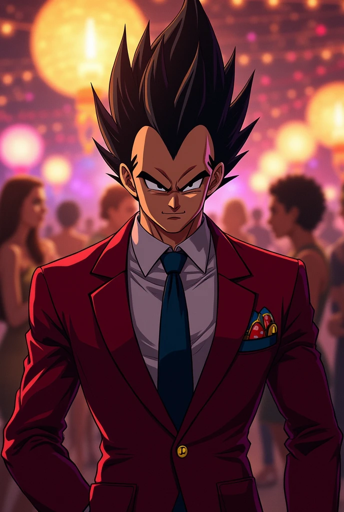 Vegeta is spying in a red suit at the party