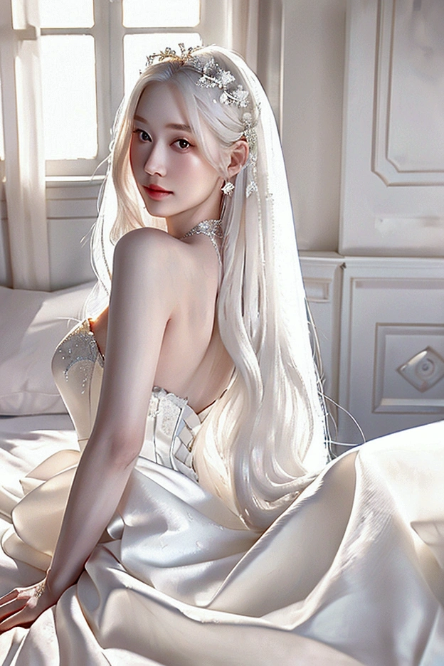 a beautiful woman with long white hair and a slender figure lying on a bed in a wedding dress, shyly looking at the viewer and spreading her legs, detailed face, detailed eyes, detailed lips, detailed skin, detailed wedding dress, bedroom interior, soft lighting, cinematic, romantic, photorealistic, 8k, high quality, masterpiece