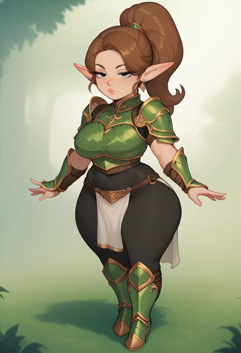 Sexy woman, milf, brown hair, ponytail, elf hears, curvy, black eyes, half closed eyes, shortstack, green armor, black pants, armor boots, loincloth