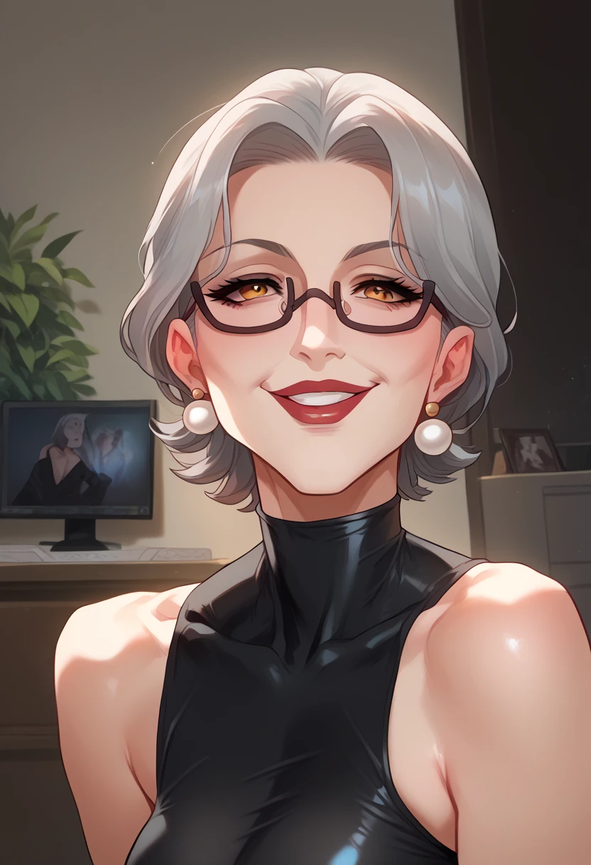 Sara, a 50-year-old grandmother with long gray hair and glasses, 2020 years, with comfortable clothes to be at home, in her living room, sitting in front of a computer while smiling, You can see shelves full of books in the background, MEDIUM SHOT, comic style, hyper-realistic, photo realism, cinematography --ar 9:16