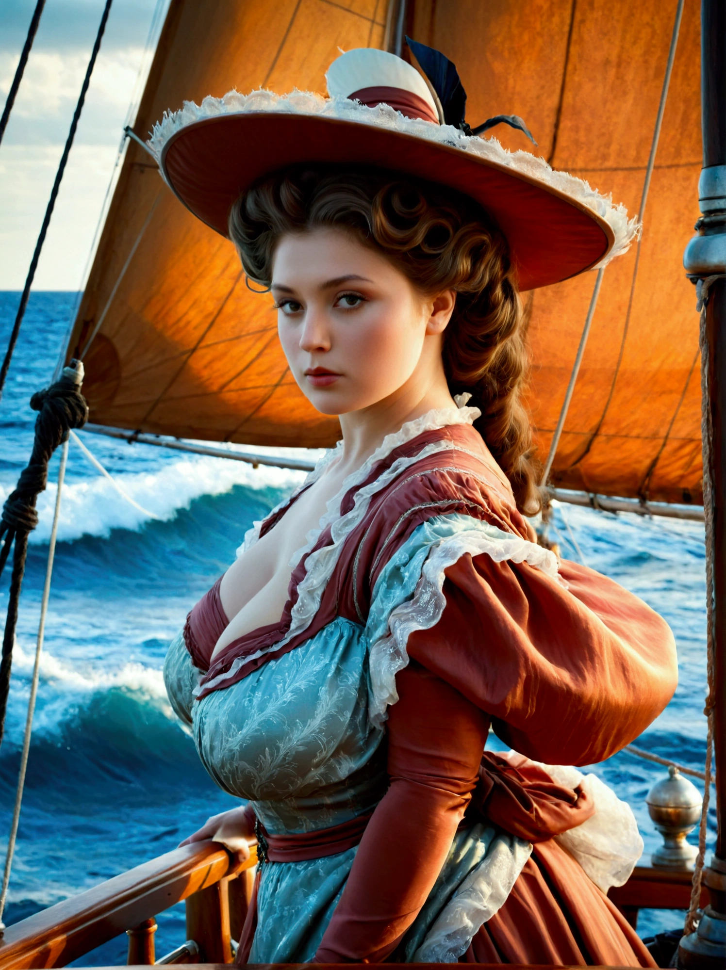 beautiful plump victorian lady standing on sailing ship, ocean waves, intricate dress details, elegant pose, dramatic lighting, cinematic atmosphere, muted color palette, photorealistic, 8k, masterpiece, highly detailed