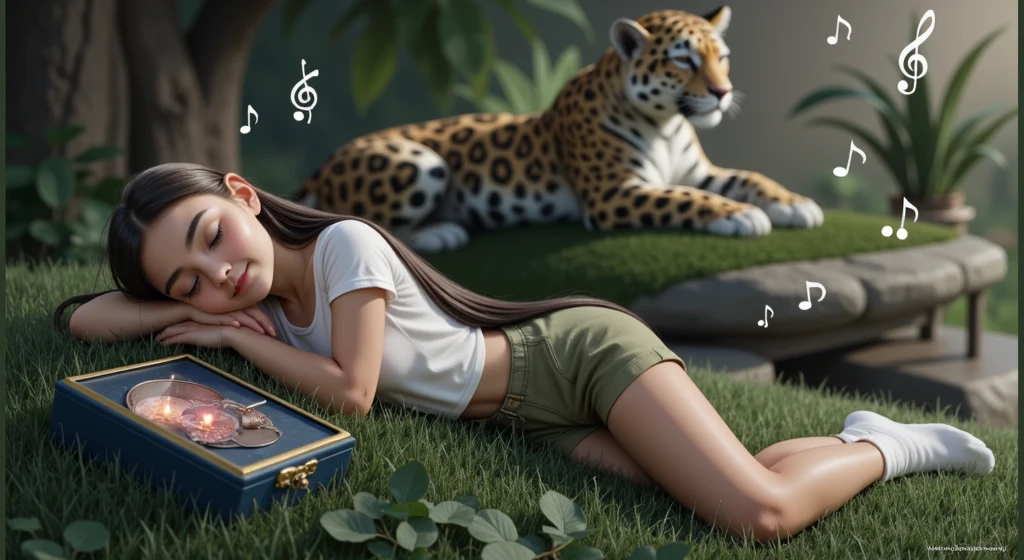 Inspired by the poster of a high quality and high resolution 3D Disney movie, set the image of a girl, ****, , *******, AGE: 12Y, BEAUTIFUL, SENSUAL AND ATTRACTIVE, lying on a grass using her arms as a pillow she has long straight black hair that spreads across the grass she is wearing a white t-shirt, she is wearing very short green safari style shorts she is wearing white socks she is with her eyes closed and sleeping deeply connected with nature, all the elements in the background, including the jaguar and the music box appear SMALLER AND BLURRED, ONLY AS ELEMENTS THAT COMPLEMENT THE SCENE, THE IMPORTANCE OF THE BOX IS THE LIGHT IT EMITS FROM ITS INTERIOR LIGHTING UP THE ENVIRONMENT AND THE NOTES MUSICALS THAT APPEAR ALMOST ETERNAL IN THE SCENE, BUT PRESENT IN THE ENTIRE ENVIRONMENT. In the background we see a jaguar lying down with its eyes closed and sleeping, an image blurred so as not to take attention away from the main character. Behind the jaguar, we have a blue music box with a white background, and I feel a white light that expands in the background of the environment, softly emitting golden musical notes that spread throughout the forest. The environment is a beautiful night of stars and a full moon. Around the girl, there are trees and plants typical of the Amazon. She is beautiful, sensual and attractive.