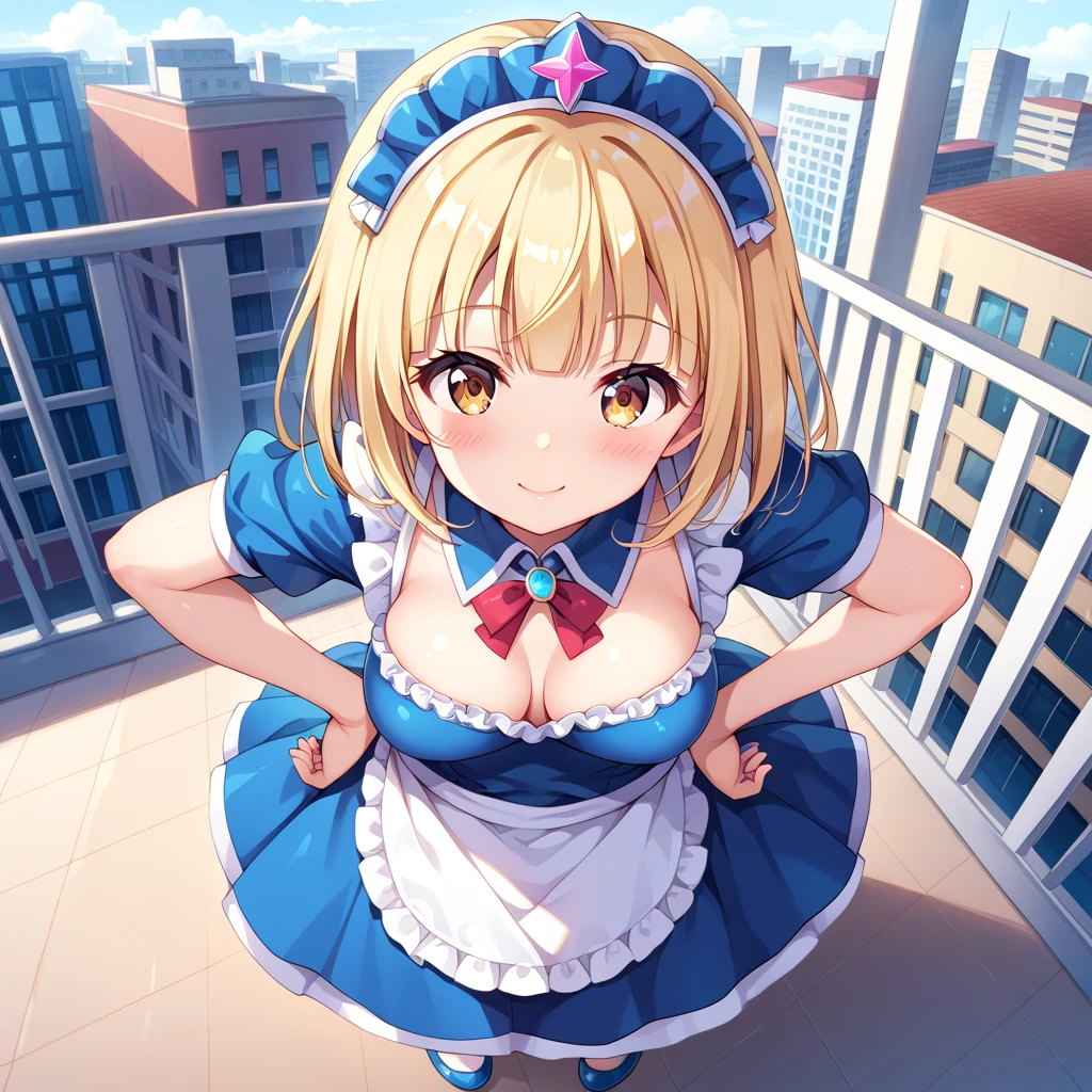 ((very giant girl, ultragirl costume, Hands on hips pose, A full-body view from above of a single woman,)), 1Girl, yuki mio, Her name is Yuki mio,   idol wars z  ,Blonde, blunt bangs, medium bob Hair, side hair,straight hair, very kind, Polite , competent, hair covered ears, breast,Voluminous sideburns ,hide ear,brown eye,tareme eye, Droopy eyes,maid clothes, blue maid dress, white apron, blush,from above,City streat