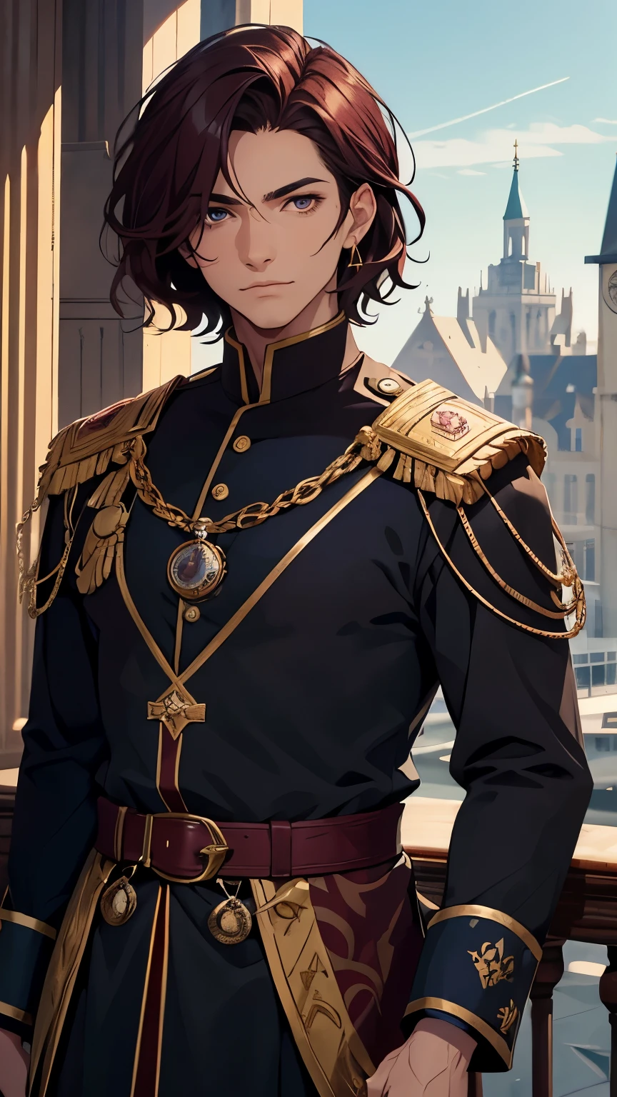  a man with short and wavy dark burgundy hair , ojos de color verde,  beautiful face, He is a prince of time ,  manages dimensional portals ,  wears a dark blue medieval tunic with gold details and pocket watches,  on a clock tower balcony 