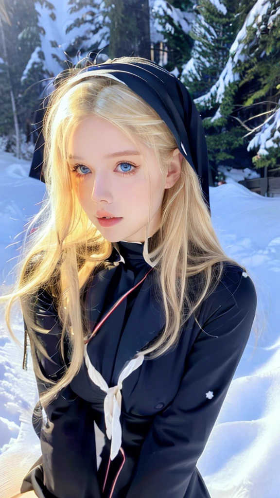  Pretty woman,cute,huge natural breasts, blonde hair curly/flowing, detailed dark BLUE eyes and face, not to skinny, make it ultra-realistic, western european girl, in the snow in the mountains, ripped off nun uniform (sexy nun), extremely detailed blue eyes, extremely long wavy blonde hair, naked breasts