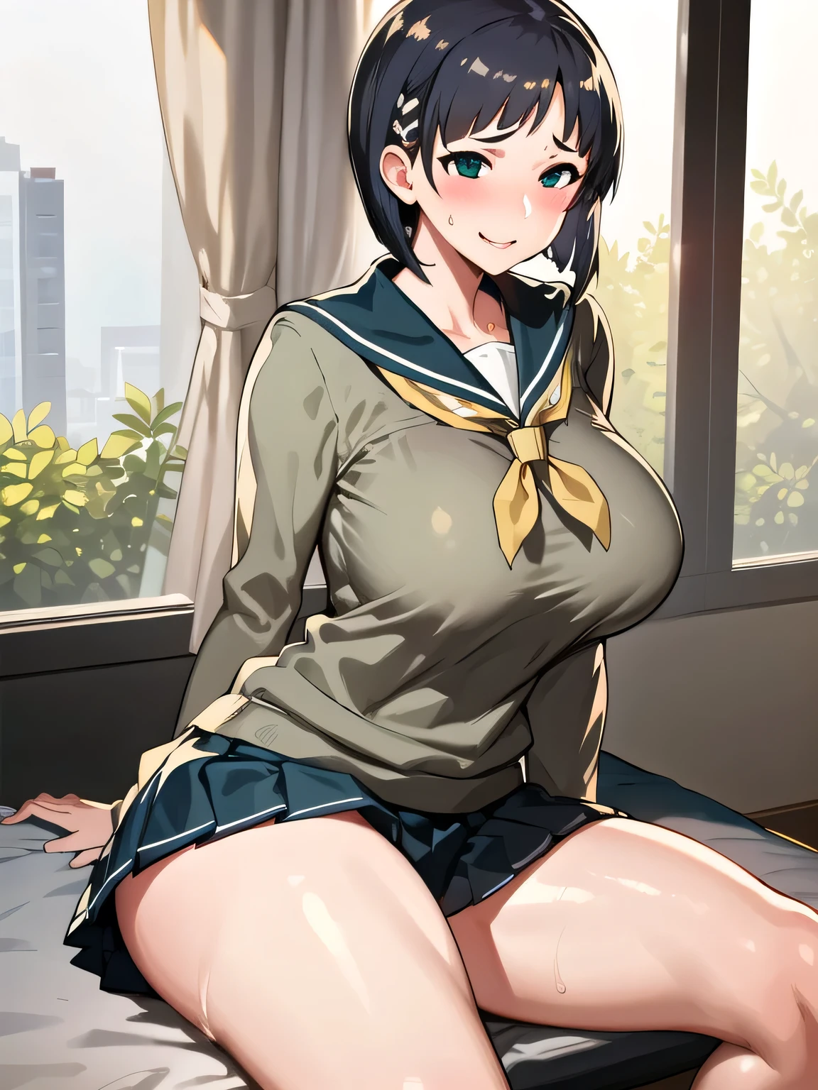  best quality, masterpiece, RAW Photos,  At school,  1 girl, BOB CUT HAIR、 Big Breasts ,   Kirigaya Naoha:1.4、Green Eyes,  mature woman ,  sailor suit,   nasty smile, lips,  sitting, Thighs,Wearing a red bloomer 、blush、Sweaty、 flips up her skirt to attract the opposite sex