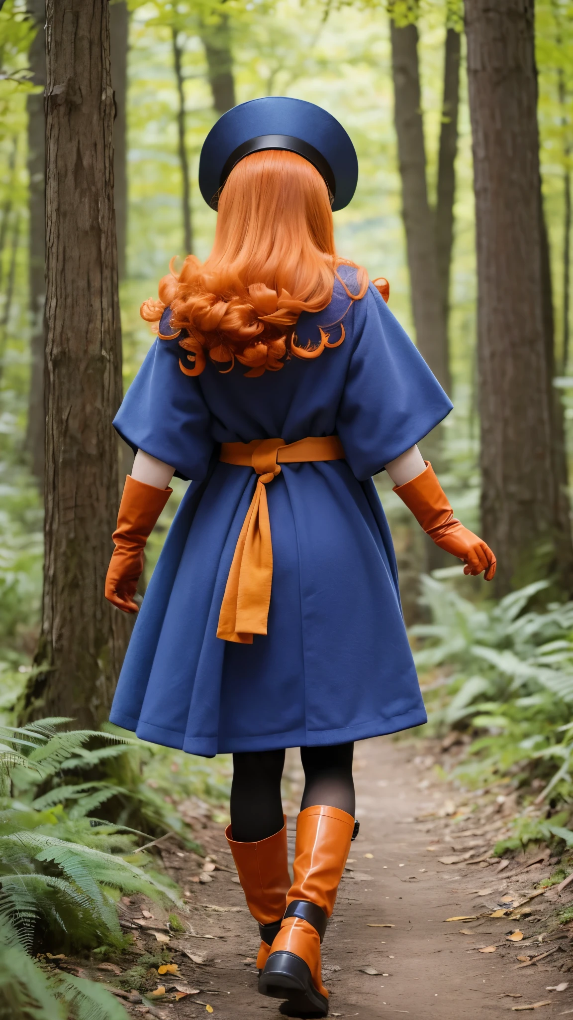 Girl、 has orange wavy hair and purple eyes I'm here。Wear a big blue hat、 also wears a blue cloak 。Wears a yellow tunic 、 has a waist tightened with black tights and a belt 。 wears orange gloves on her hands 、 wears orange boots around her feet 。Rear view、back、forest
