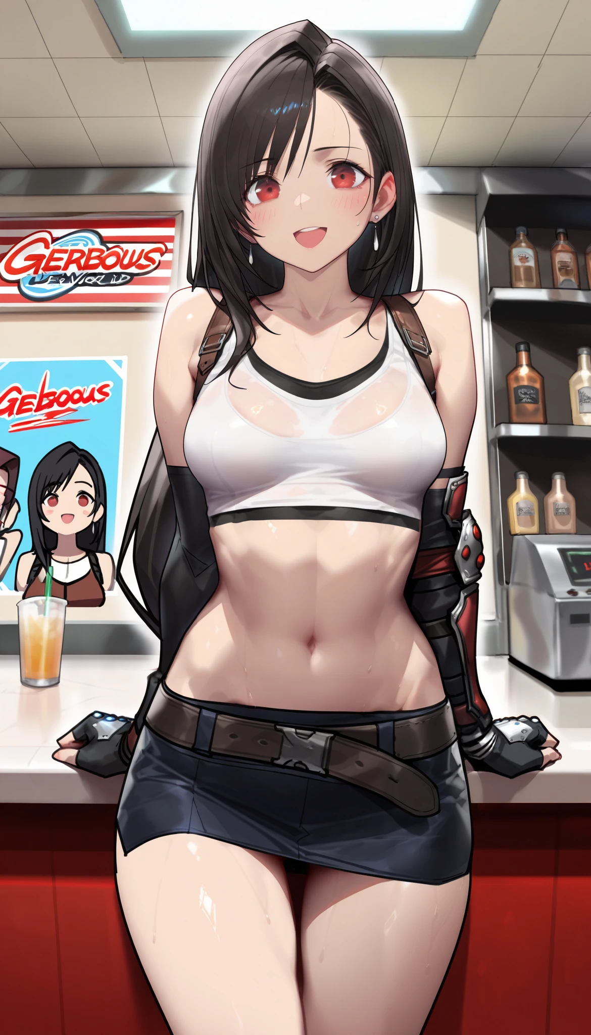 (masterpiece, best quality: 1.2),1girl, tifa lockhart, final fantasy, white crop top, elbow pad, fingerless gloves, suspenders, pencil skirt, white tshirt, ???? look, short skirt, miniskirt, pencil skirtThe expression of a kiss，Wet pink and white ???? lips，eating banana，full-body shot