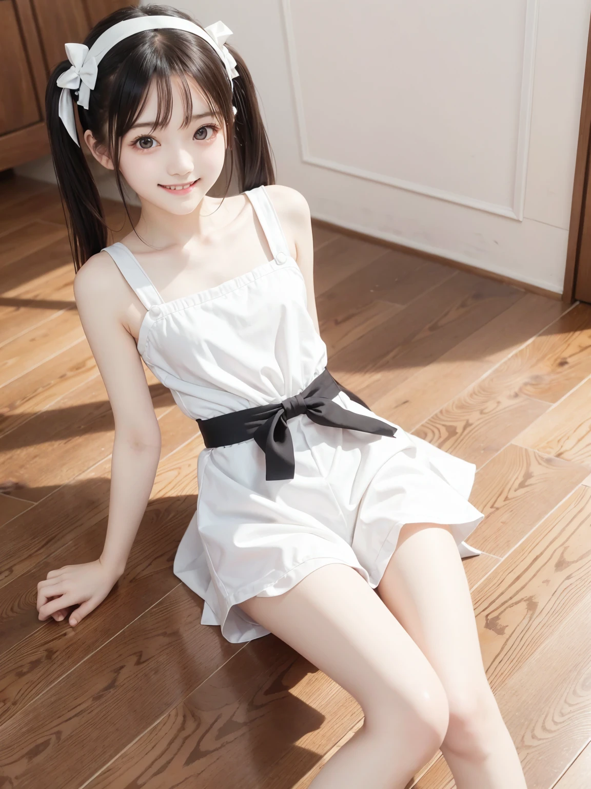 Maid, cute girl, white skin, twin tails,Thin arms,Thin legs,masterpiece,smile,Shooting from below,Thin legs