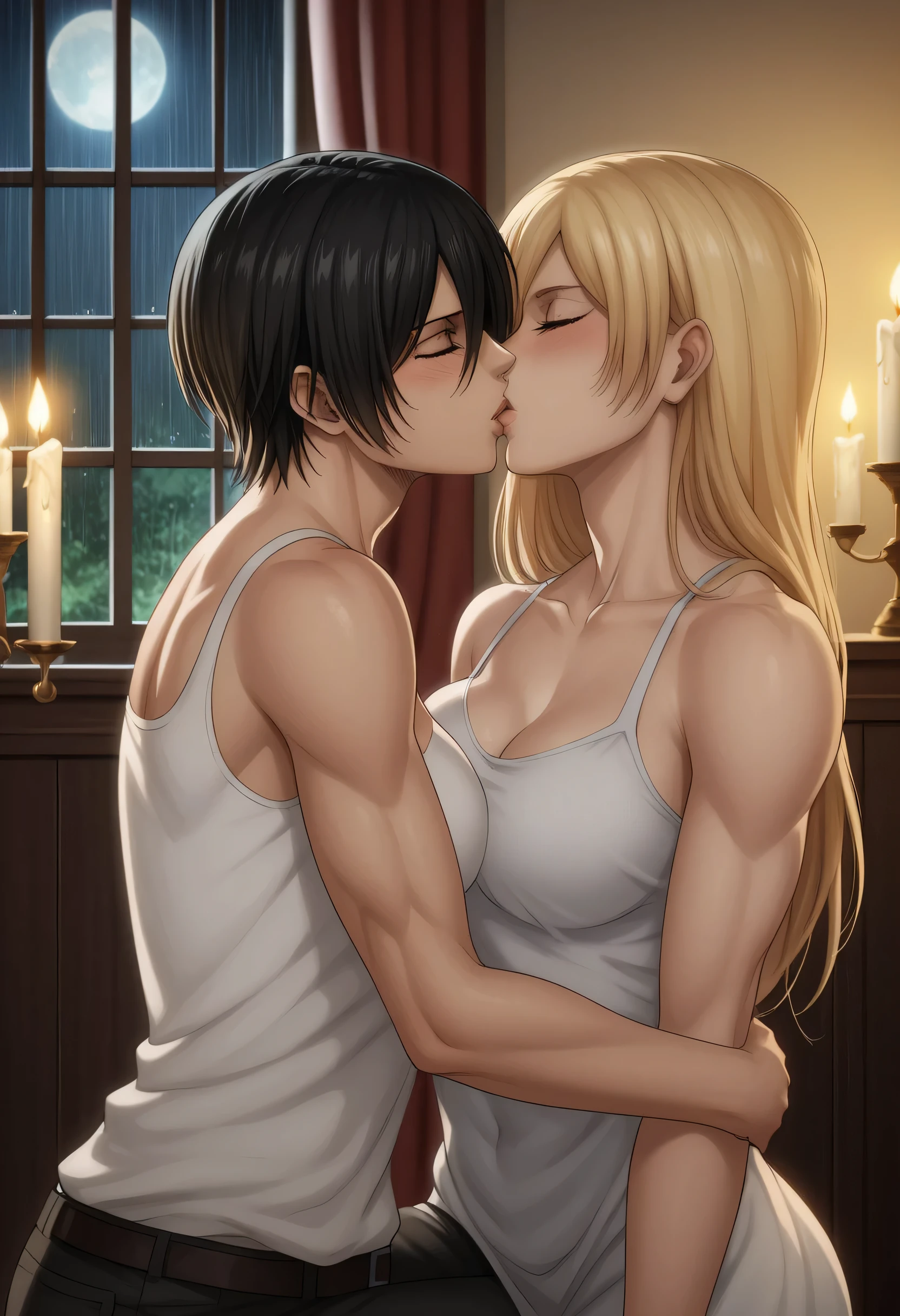 score_9, score_8_up, score_7_up, BREAK source_anime, historia reiss, blue eyes, blonde hair, long hair, medium breasts, long white dress sleeveless,female black hair soldier hugs historia,Mikasa with historia hugs,mikasa wreanig sport tank top and black combat pants,Mikasa female with short hair,mikasa female medium breasts,eyes closed,in night,moon in sky,mikasa final season,mikasa,Mikasa hugs historia،mikasa femboy,mikasa final season,historia blonde hair,hugs and kissing,mikasa carrying historia and kissing her,Mikasa lifts Historia up and kisses her.in middle night,raining outside,mikasa final season,girls kissing,girl×girl,lesbians,yuri,romantic wallpapers,historia sitting on mikasa and kissing her,Mikasa in both hands touch historia ass, raining outside the room,mikasa final season design,character's from season 4,historia enjoyed while kissing mikasa, both,one of Historia hands touch mikasa abs,romantic kissing,mikasa pixie cut hairstyle,Serious love,inside room,dark room,candle light in room,HD WALLPAPER,perfect colors,Shining on character's hair,Shining body's, mikasa pelvis muscles appear