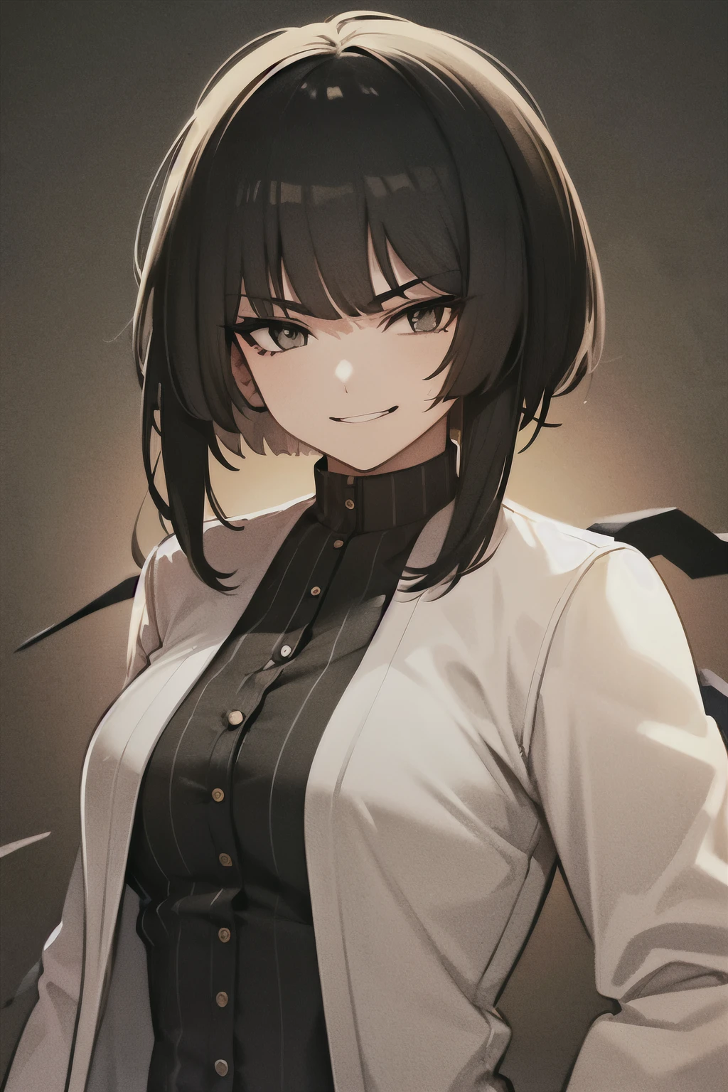 (best quality:1.3), (masterpiece:1.3), (illustration:1.3), (ultra-detailed:1.3), (mid shot:0.9), 1girl, Short hair, black hair, virtuosa_arknights, medium breasts, tall, ((mature, smirk,)) upper body, gray eyes, looking at viewer, white coat, straight face,