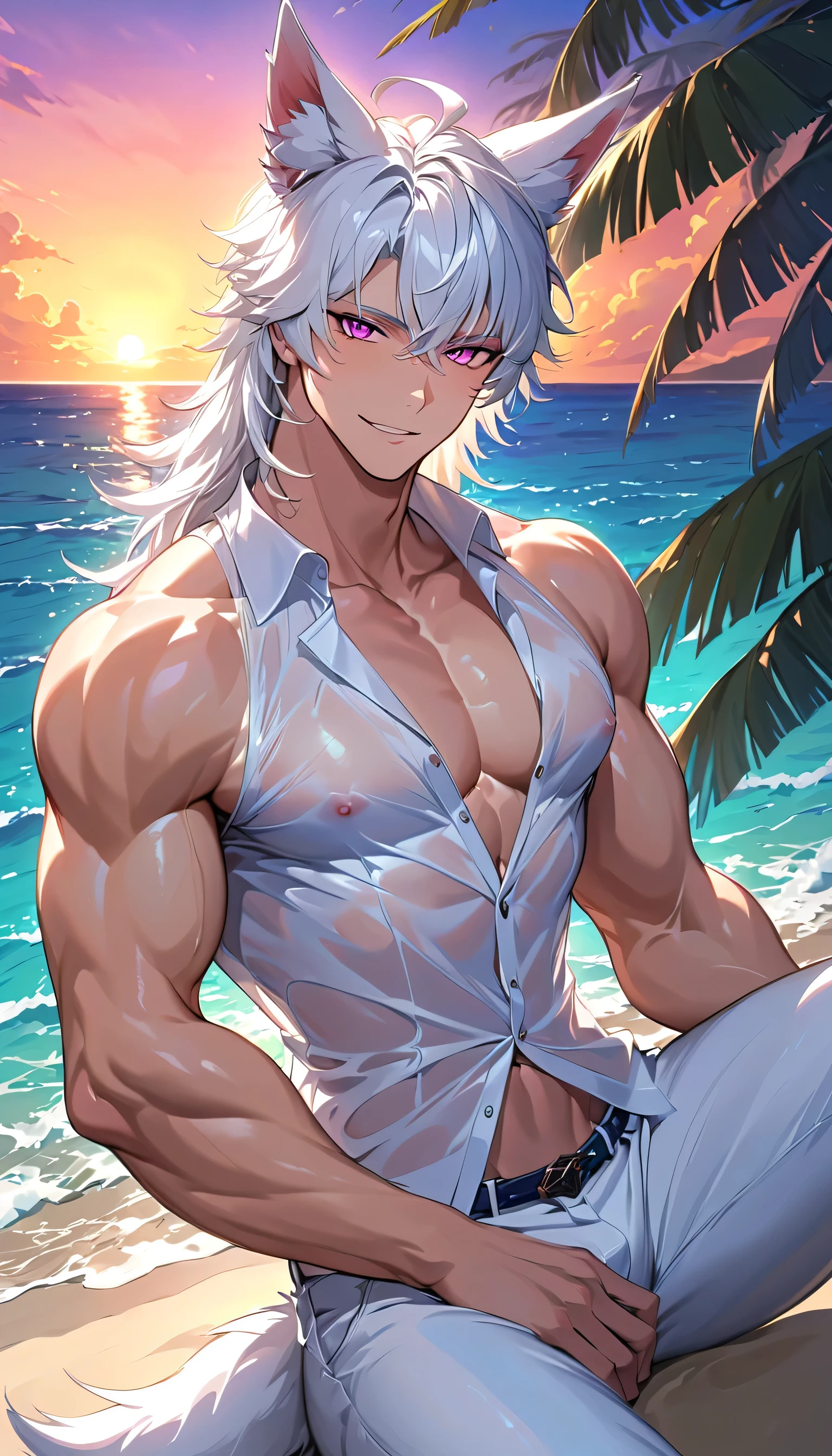 One, beautiful, 1 man, with a sporty body, V-shaped body, beach set, ABS, model hair, Long hair, silver hair, purple eyes, neon eyes, red threads, black light