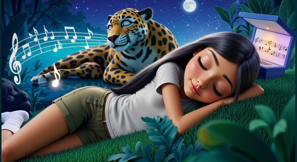 Inspired by the poster of a high quality and high resolution 3D Disney movie, set the image of a girl, ****, , *******, AGE: 12Y, BEAUTIFUL, SENSUAL AND ATTRACTIVE, lying on a grass using her arms as a pillow she has long straight black hair that spreads across the grass she is wearing a white t-shirt, she is wearing very short green safari style shorts she is wearing white socks she is with her eyes closed and sleeping deeply connected with nature, all the elements in the background, including the jaguar and the music box appear SMALLER AND BLURRED, ONLY AS ELEMENTS THAT COMPLEMENT THE SCENE, THE IMPORTANCE OF THE BOX IS THE LIGHT IT EMITS FROM ITS INTERIOR LIGHTING UP THE ENVIRONMENT AND THE NOTES MUSICALS THAT APPEAR ALMOST ETERNAL IN THE SCENE, BUT PRESENT IN THE ENTIRE ENVIRONMENT. In the background we see a jaguar lying down with its eyes closed and sleeping, an image blurred so as not to take attention away from the main character. Behind the jaguar, we have a blue music box with a white background, and I feel a white light that expands in the background of the environment, softly emitting golden musical notes that spread throughout the forest. The environment is a beautiful night of stars and a full moon. Around the girl, there are trees and plants typical of the Amazon. She is beautiful, sensual and attractive.