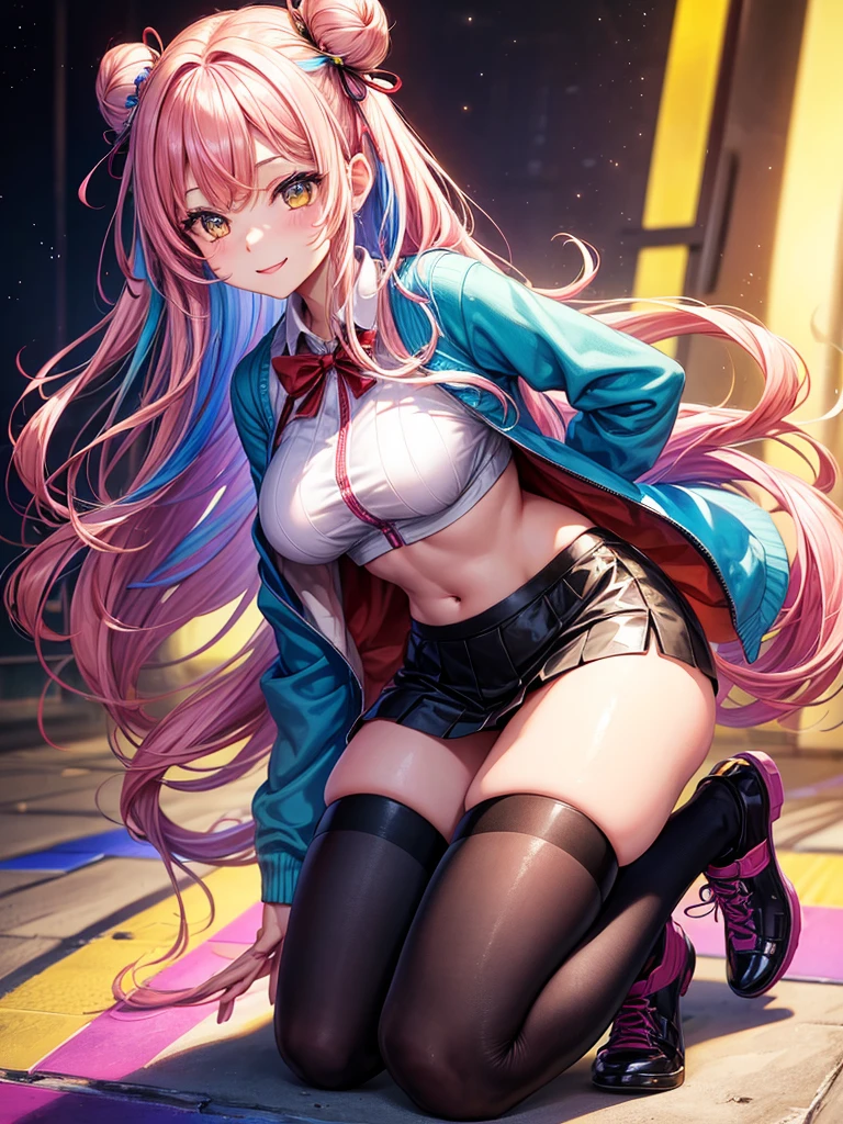 (highest quality:1.2),(Super Resolution),(1 person),(Cute Woman),Jump from a high place,(Angle from directly below:1.2),(Frilled Skirt:1.2),(Skirt flip:1.2)(whole body:1.2),(Petite body:1.2),(Tattoo on the inside of the thigh:1.2),(Taller twin tail hair:1.2),(garter belt),(Pink Panties:1.2),({ :1.5 }),(Pink Hair:1.2),(Shiny Knee Socks:1.2),(Jump with your knees wide apart in a dynamic pose:1.2),(Navel exposed:1.2),((Jump in M-leg pose)),Hot nights、(Glass body),(A shy smile),(Hot and profuse sweat),(The body is slim:1.2),(Beautiful Butt Model:1.2),(Low - Angle:1.3),(Riding an invisible horse:1.3),(lingerie ),(Jump with your legs wide apart like a gymnast:1.2),(Jump with your knees wide apart:1.5),(Photo session),