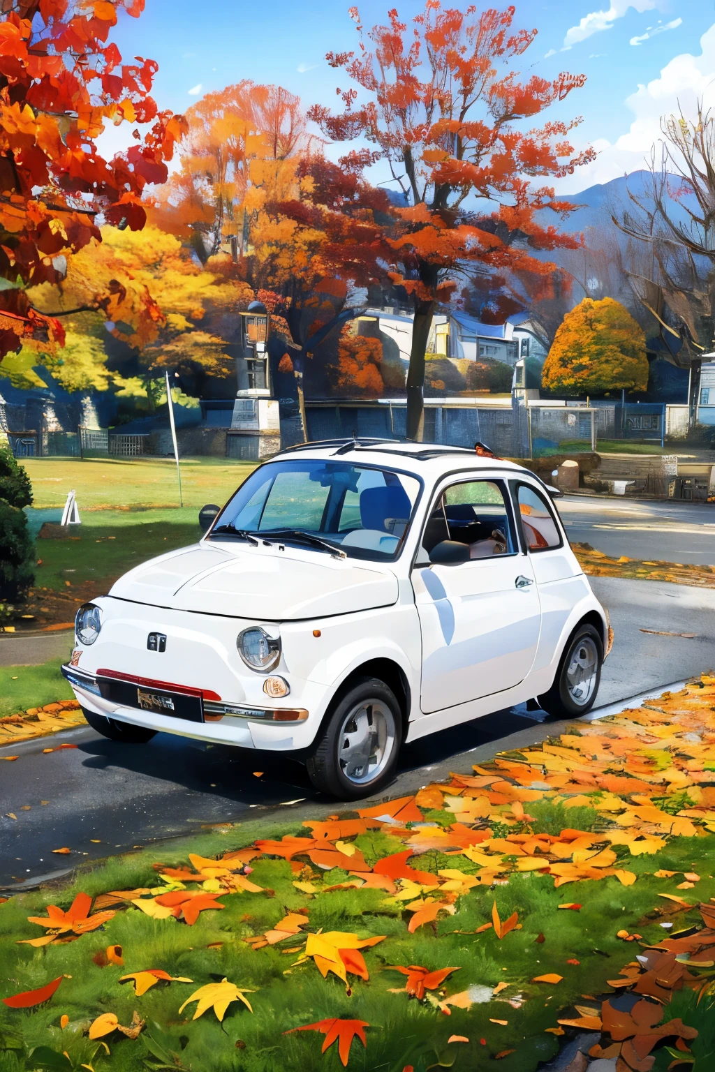 (masterpiece:1.2,  best quality),(  very detailed),(((Anime Style)))，8k， wallpaper，white Fiat 500  ，execution，  old Japanese medieval townscape，blue sky in autumn， fall leaves for vaginal discharge，Abarth specification:1.2，(((Chemical language)))，