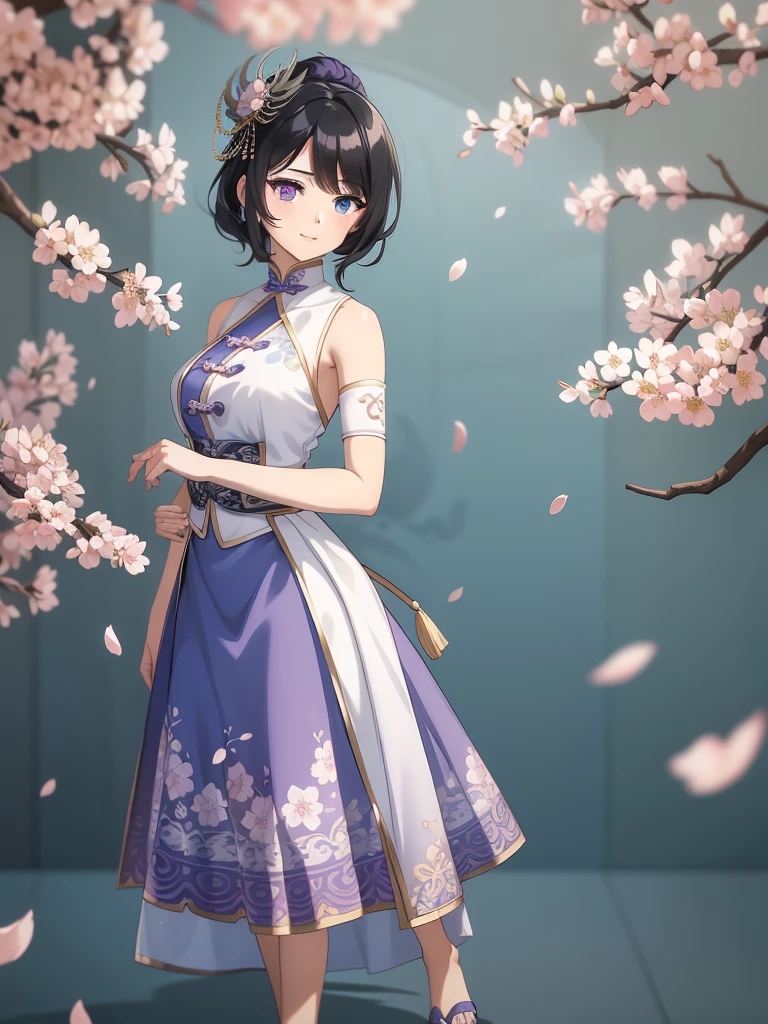 (high-quality, breathtaking),(expressive eyes, perfect face) 1female, girl , solo, teenager, asian woman hairstyle, short hair length, soft wave, black hair color, Heterochromia left eye blue and right eye purple, white and black dress, shawl, blue and purple background, music, gentle smile, swirls in background, music notes background, beautiful background, symmetrical eyes, Qing Dynasty Costumes, hairpin, cherry blossom background, full body, portrait, symmetrical body, centred composition, intricate details
