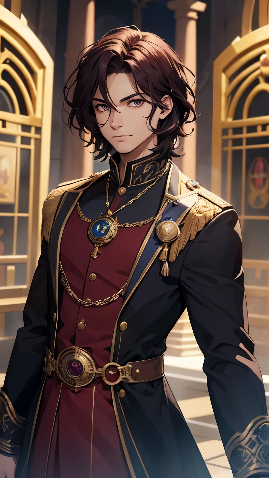  a man with short and wavy dark burgundy hair , ojos de color verde,  beautiful face, He is a prince of time ,  manages dimensional portals ,  wears a dark blue medieval tunic with gold details and pocket watches, in front of dimensional portals