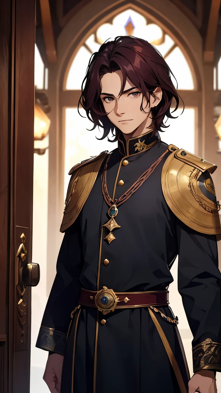  a man with short and wavy dark burgundy hair , ojos de color verde,  beautiful face, He is a prince of time ,  manages dimensional portals ,  wears a dark blue medieval tunic with gold details and pocket watches, in front of dimensional portals