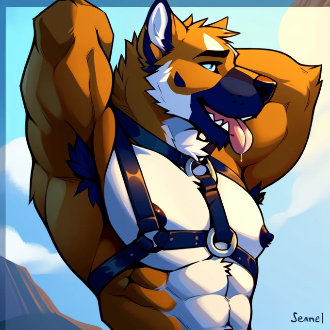 (pinup), Anthro, male, solo, full length portrait, domestic dog,( belgian malinois:1.1), muscular, athletic, abs, smile, panting, tongue out,digitigrade,barefoot,tanktop,shirt lift,hand on chest, jockstrap, sweat, sweaty, happy trail, (black background:1.1), digital artwork, (flat colors:1.2), (by adios, by k-9, by paintfox:.8), by delirost, by tritscrits, (detailed fur, detailed fur texture:0), (masterpiece, best quality, high quality, highres, ultra-detailed)