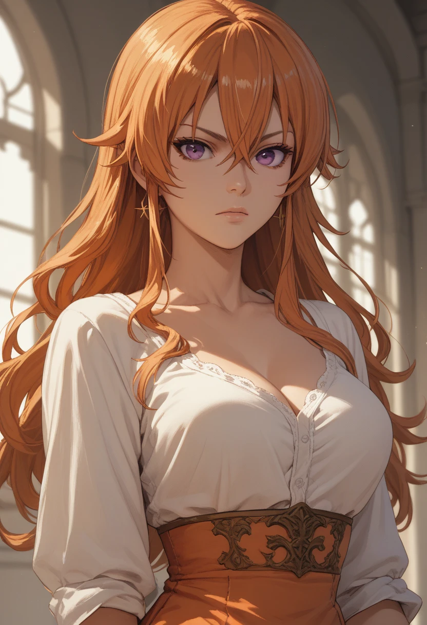 erina nakiri,busty, long hair, orange hair, purple eyes, hair between eyes