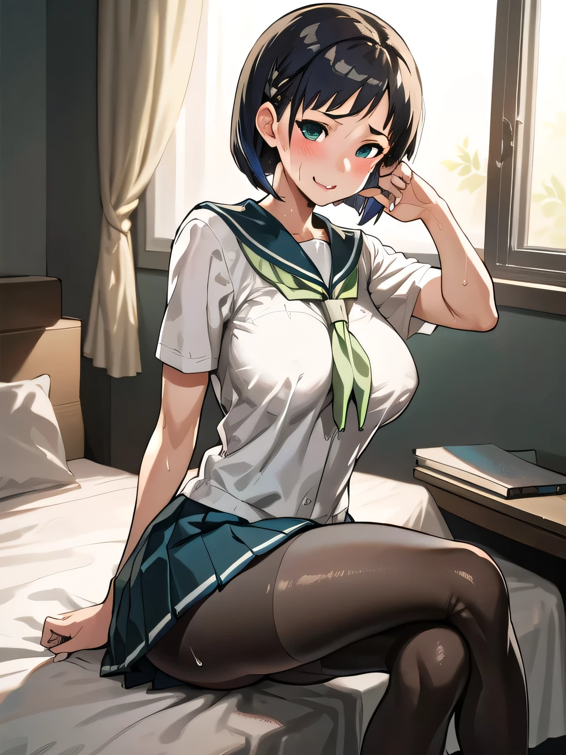  best quality, masterpiece, RAW Photos,  At school,  1 girl, BOB CUT HAIR、 Big Breasts ,   Kirigaya Naoha:1.4、Green Eyes,  mature woman ,  sailor suit,   nasty smile, lips,  sitting, Thighs,Wear thin pantyhose、 blush、Sweaty、 flips up her skirt to attract the opposite sex、Sweaty feet、vapor