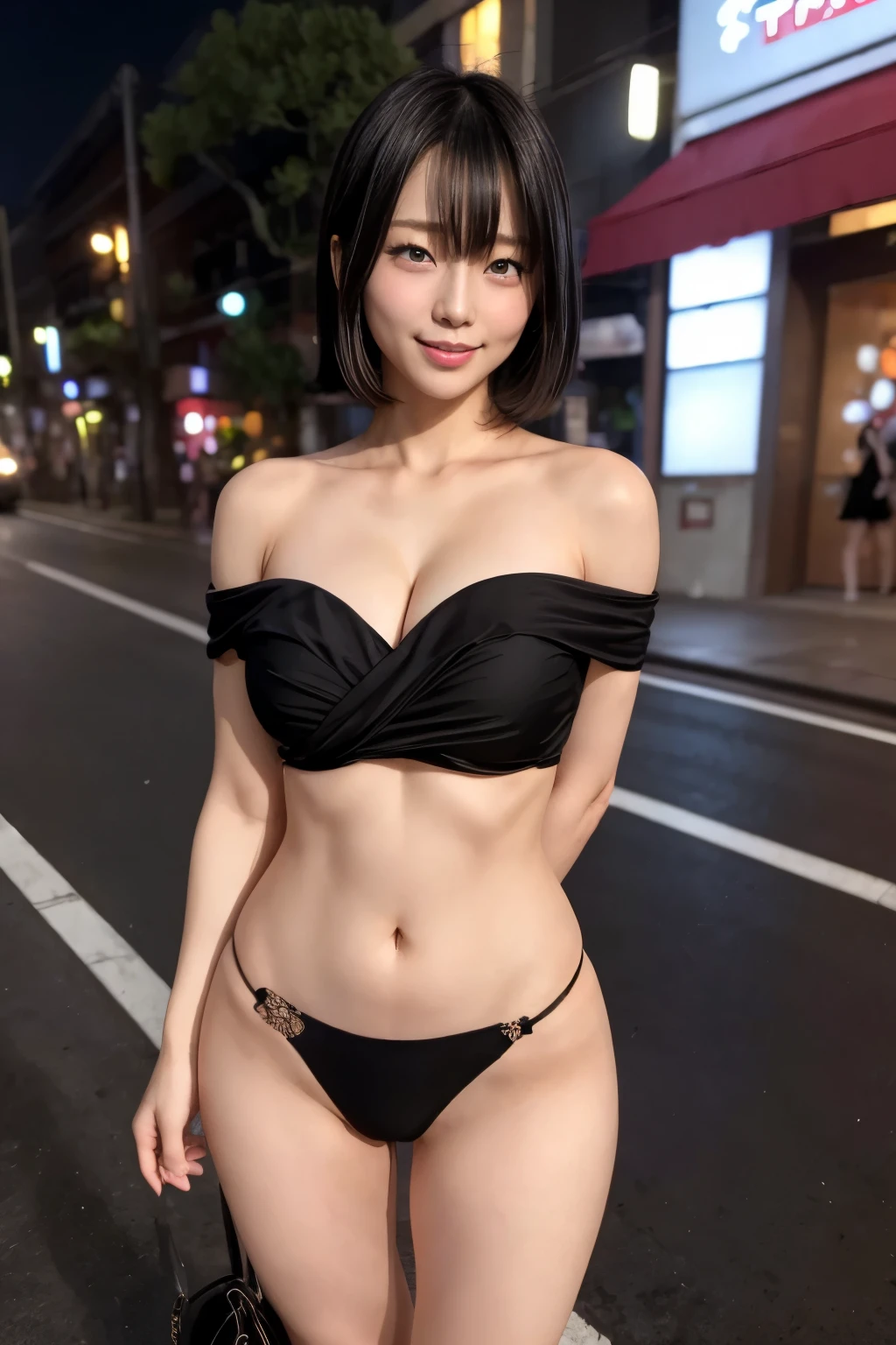 (( best quality)), ((masterpiece)), (know),  super high definition , (Realistic)  Japanese woman with a viewing angle of、 Call Girl Standing on a Street Corner at Night 、Age 32、Sensual and sexy outfits、 Off Shoulder 、 cleavage、 thighs without bare neck、 black hair、 shorthair 、An inviting smile、blush、