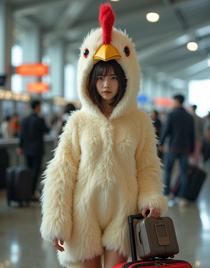 ultra-realistic, photorealistic, dramatic scene, shadow, global-illumination, solo, (teenage Japanese famous idol girl:1.5), very beautiful fragile Japanese girl, very beautiful with very cute but boyish cool face, (very large breasts), slim waist, moles, detailed face skin texture, professional lighting, (wearing a very fluffy stuffed chicken costume that looks like a stuffed animal show:1.2), her body is very fluffy like a chicken, large chicken mascot head, (very large breasts), she is traveling abroad alone, she is standing with her luggage, at the departure hall of the airport is bustling with travelers dragging their suitcases in various directions, The check-in counters line the floor and there are seating areas for passengers waiting for their flights