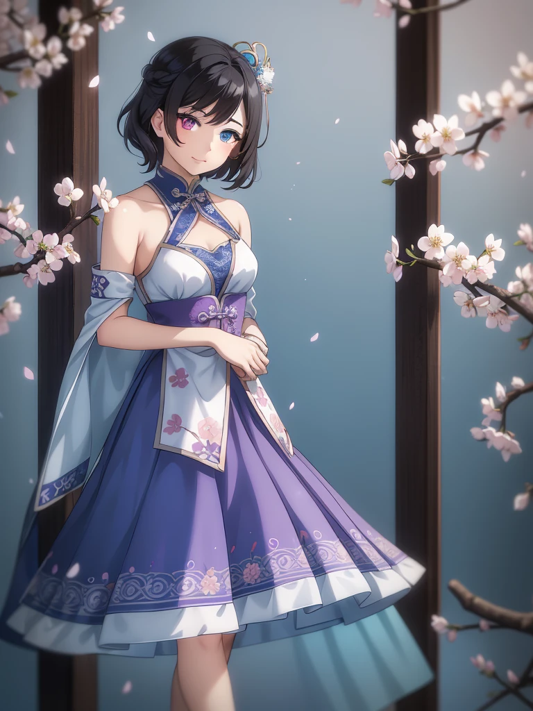 (high-quality, breathtaking),(expressive eyes, perfect face) 1female, girl , solo, teenager, asian woman hairstyle, short hair length, soft wave, black hair color, Heterochromia left eye blue and right eye purple, white and black dress, shawl, blue and purple background, music, gentle smile, swirls in background, music notes background, beautiful background, symmetrical eyes, Qing Dynasty Costumes, hairpin, cherry blossom background, full body, portrait, symmetrical body, centred composition, intricate details
