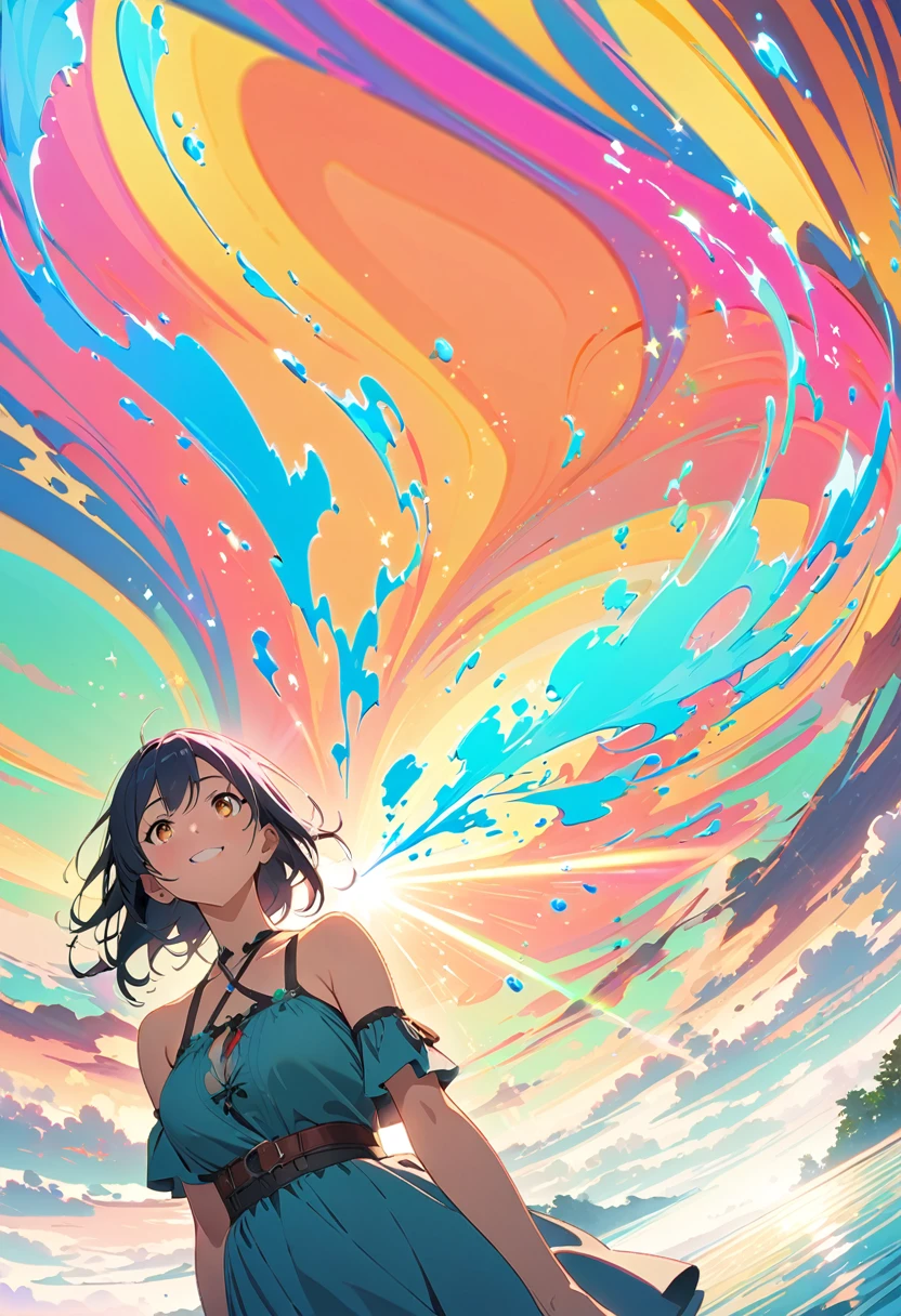 (masterpiece,  best quality,  Official Art:1.2), ( colorful ),  watching the audience,  one girl , Alone, White background, floating  colorful  water,  super precise illustration , highly   Details,  Dynamic Angles , beautiful   Details, 8k, break smiling amidst the  colorful  scenes, ( best quality, masterpiece,  high definition ,   Details), Anime Style, (Sparkling Eyes,   Details美しい顔), break, Dynamic Angles 