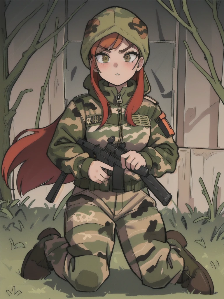 girl menacing eyes and red hair, with a camouflage jacket, tactical glovers, camouflage balaclava, camouflage pants and army boots, forest, night, in the house He dresses in a camouflage uniform, put on camouflage zip jacket,