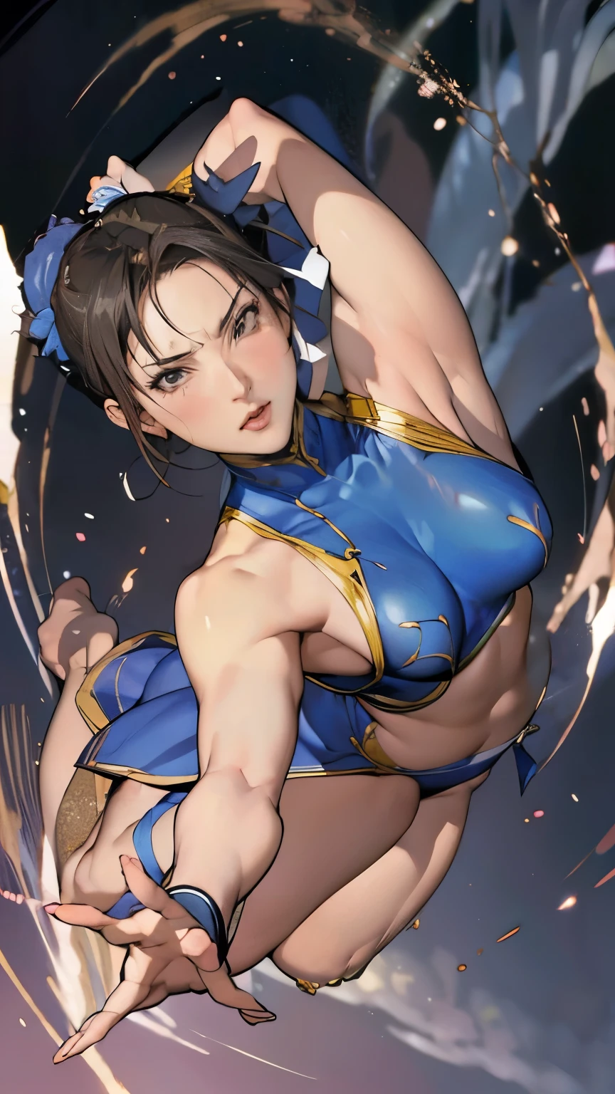 (( is looking for a woman modeled after Chun-Li's character)), , Bright Eyes, Very flashy,  big enough to stick out of the body ,  erect nipples,  thin, constricted waist with abs , Big round butt , Brown pubic hair, A beautiful pink pussy whose shape is clearly visible from the top of the costume, 全身が美しいバランス良くcharm的なボディライン, tight, ((ultra  realist)), TM Ninja white,  icon, cores  livelys,  Spinning Bird Kick / Rotating Crane Foot Kick Pose ,  vector style ,  digital art, 8k,  Intricate Details , charm, Professionally done ,   with leg numbness  , 12K resolution, ..3d,  detailed descriptions of all characters , (( very detailed)), (( lively)),((  super quality )), (( hyperrealism)), (( photorealism )), [Octane rendering] , Blue flame wallpaper ,  A fantastic scene where the blue dragon is swirling and flying ( realist),  very detailed, Medium shot showing details of the upper body from the thigh, 