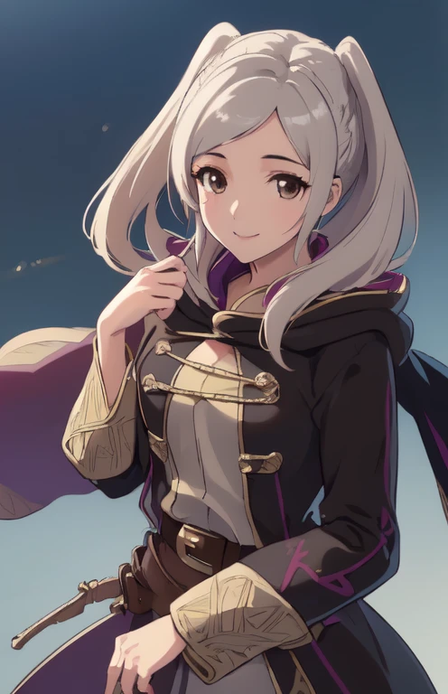 ((Very detailed)), (( best quality)), (( best quality)), ((beautiful eyes)), ((Very detailed)), 4K, (8k),  best quality, (beautiful), Robin Fe, Robe, Hood Down, belt, Tactician ,smile、(( Brown Eyes , place your hands on your lower back))