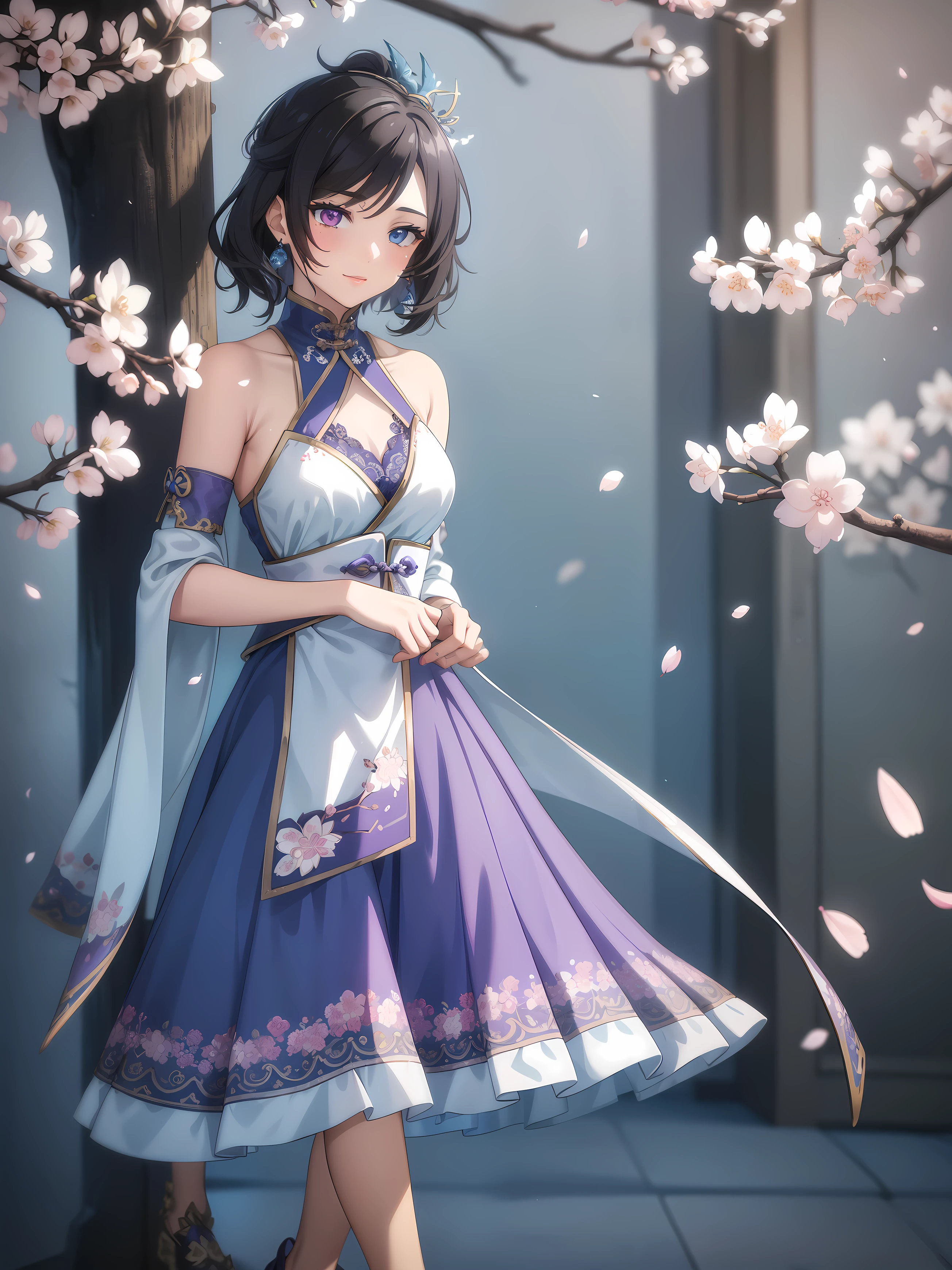 (high-quality, breathtaking),(expressive eyes, perfect face) 1female, girl , solo, teenager, asian woman hairstyle, short hair length, soft wave, black hair color, Heterochromia left eye blue and right eye purple, white and black dress, shawl, blue and purple background, music, gentle smile, swirls in background, music notes background, beautiful background, symmetrical eyes, Qing Dynasty Costumes, hairpin, cherry blossom background, full body, portrait, symmetrical body, centred composition, intricate details
