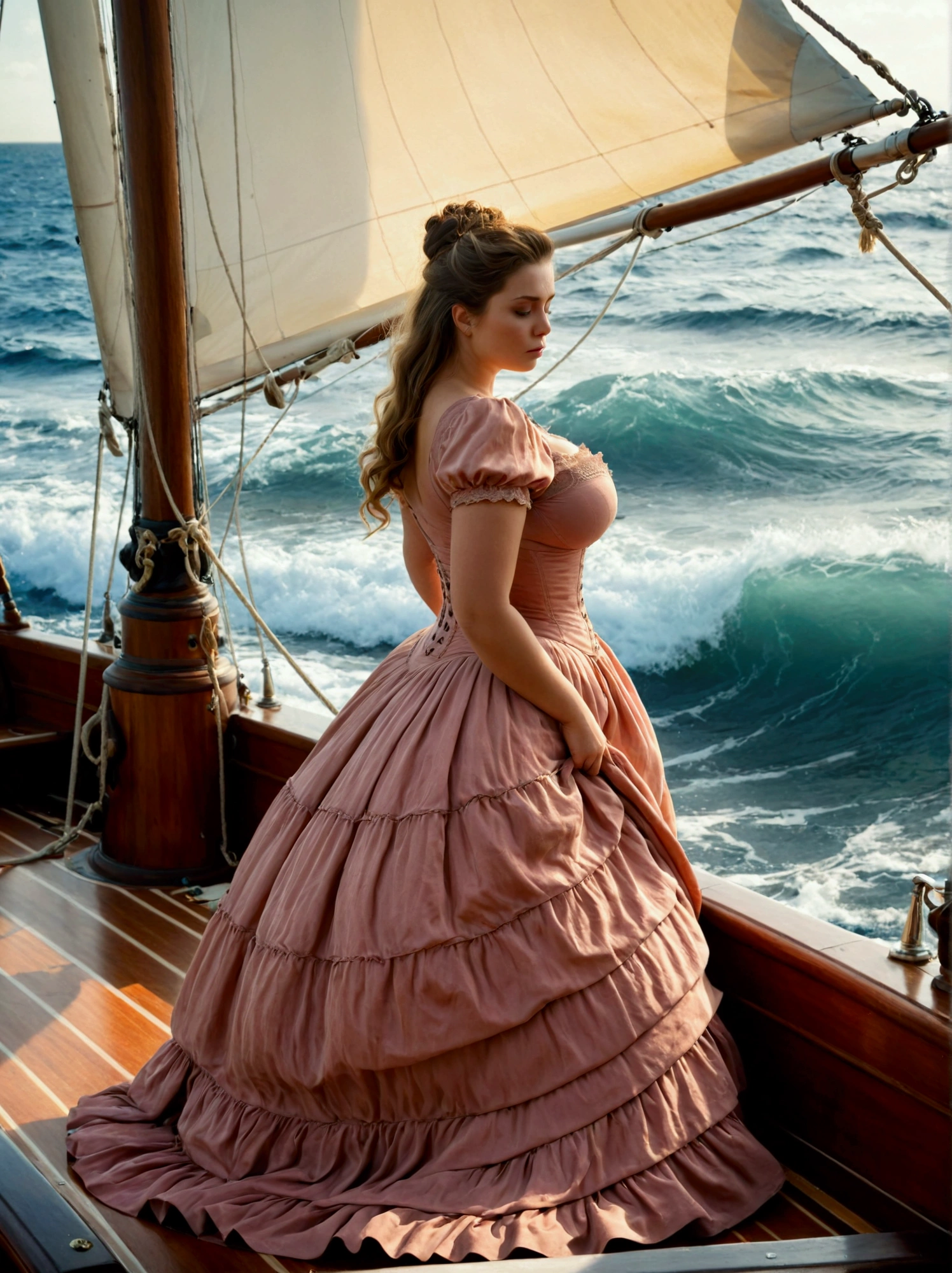 beautiful plump victorian lady standing on sailing ship, ocean waves, intricate dress details, elegant pose, dramatic lighting, cinematic atmosphere, muted color palette, photorealistic, 8k, masterpiece, highly detailed