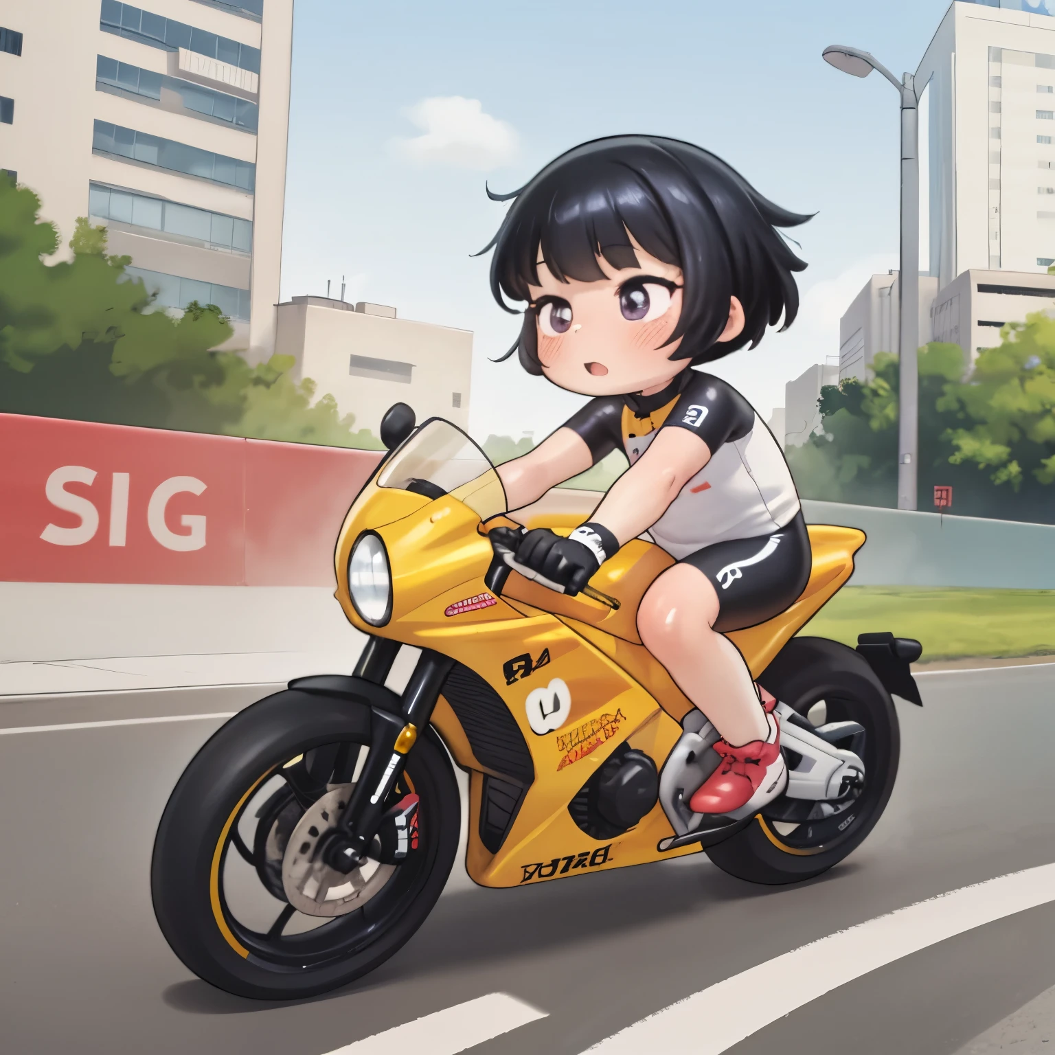  tiny mascot girl  , リアビューの姿勢 of a female racer racing on a road bike,  black hair ,  semi-long,  stylish  ,  road bike racing  , 複数の小さなロードレーサーが熾烈な戦いを繰り広げる舞台裏 , speed, Elevate your mood,  Panoramic View, リアビューの姿勢 of a female racer chasing another female racer running in front of her, Tracking from behind  , Ahead，