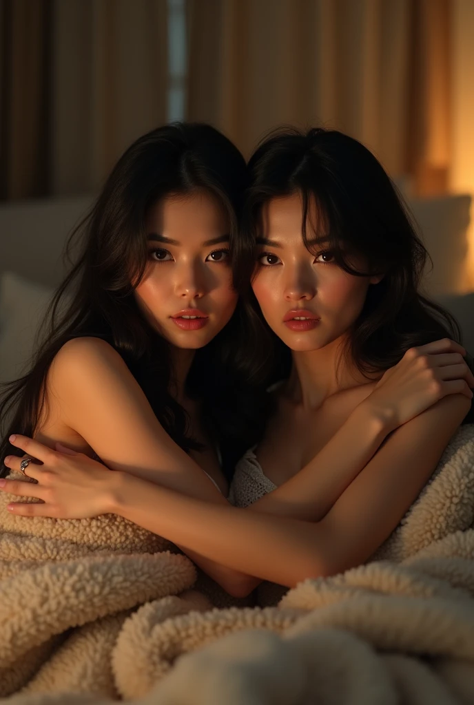 best qualityer)), ((work of art)), (detailded), a teenage girl is sitting on the back of a girl who is lying on the floor. real photografic, full vertical photo, stringkini, high-heels, laced lingerie, both looking at the camera, smiling, Bblack hair, black lingerie the other red
