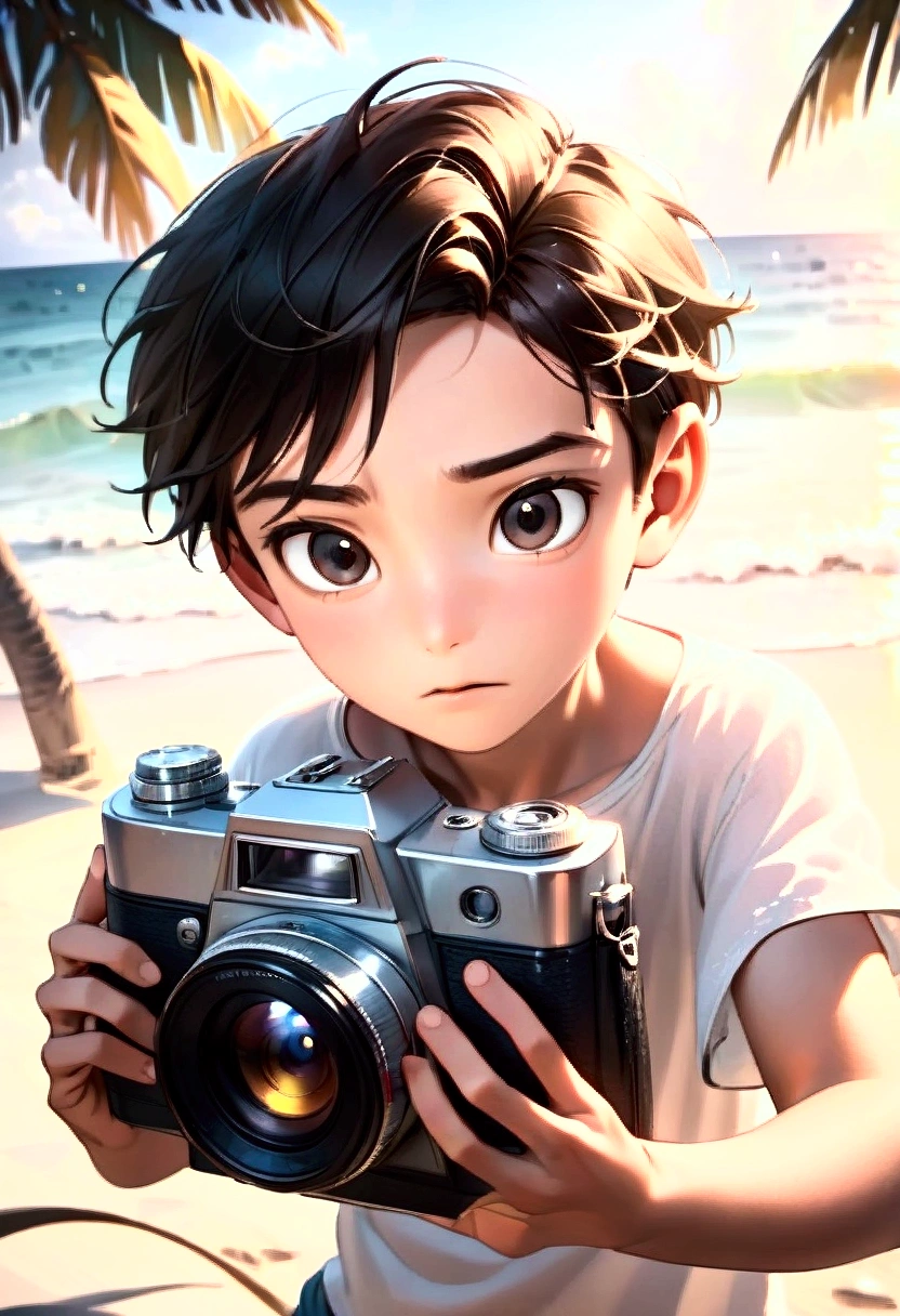  boy look like Disney animation,very dinamic camera works, great focus , great lighting, realistic photo, simple beach background 