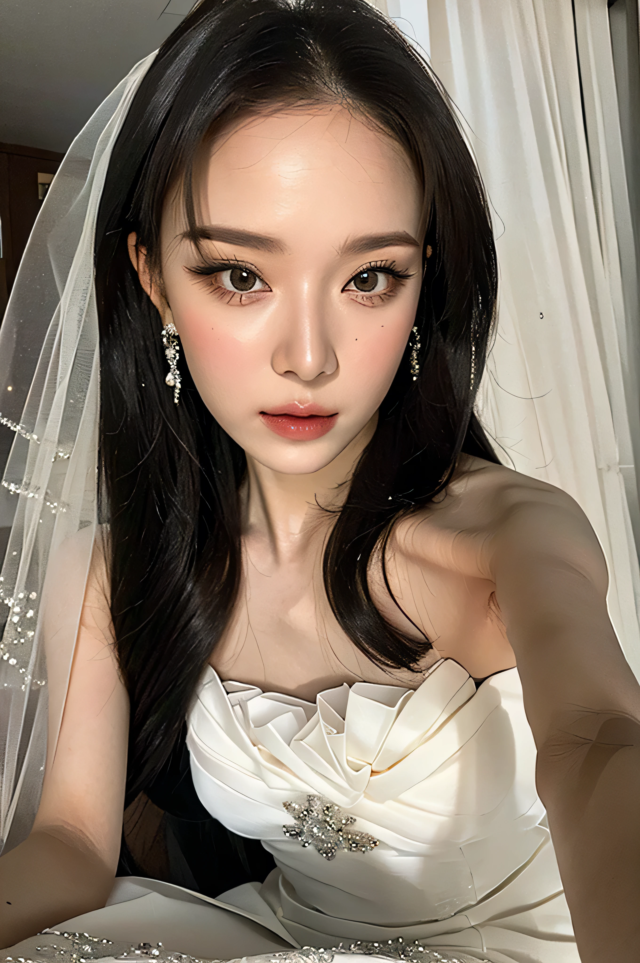 (Best quality, 8k, 32k, Masterpiece, UHD:1.2),Photo of Pretty Japanese woman, 1girl, (long blonde hair), (large breasts), double eyelid, white transparent veil, hospital, patient's room, upper body, sexy